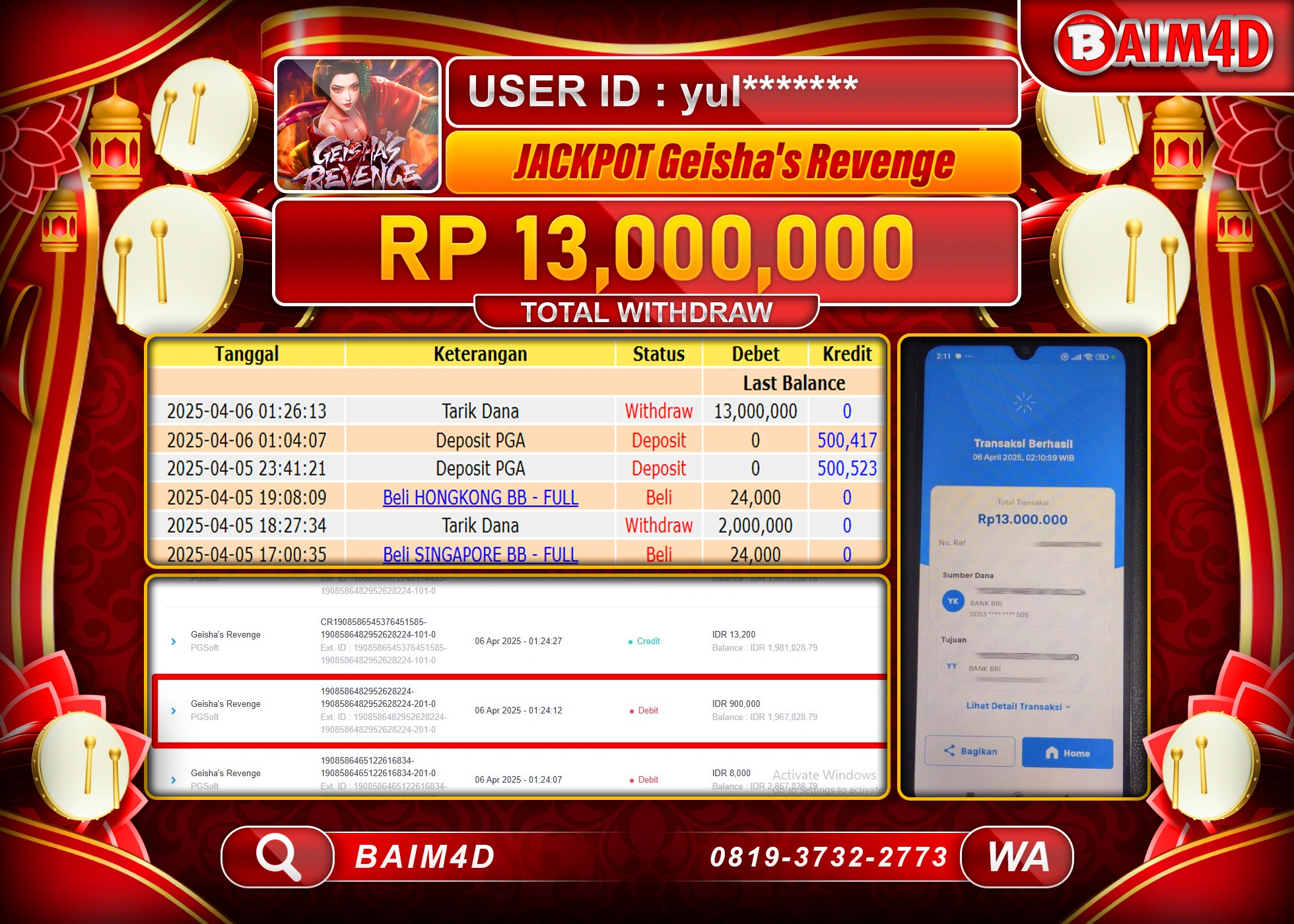BAIM4D  MENANG  JACKPOT GEISHA REVENGE  Rp.13.000,000.- LUNAS