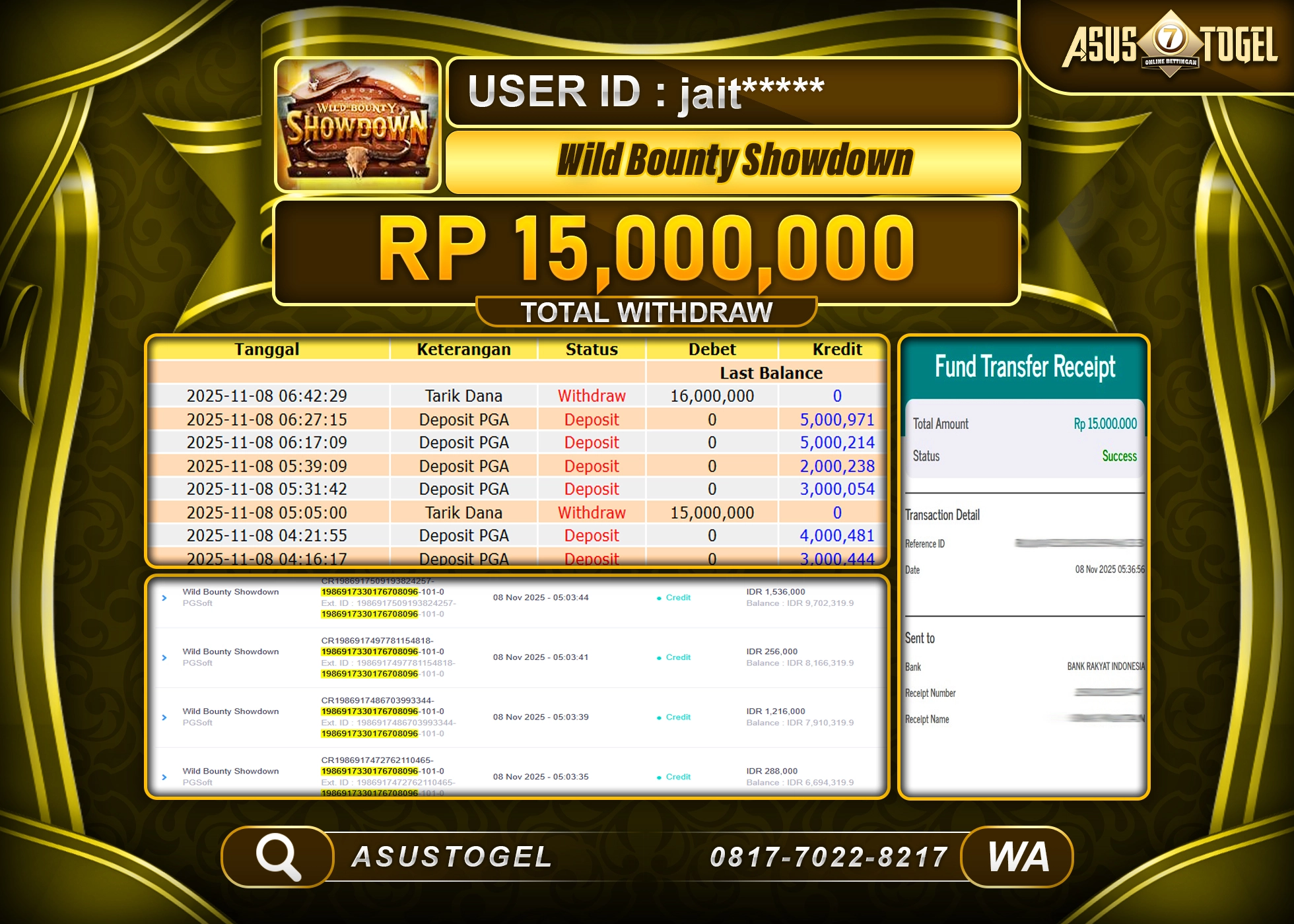 ASUSTOGEL KEMENANGAN DI SLOT WILD BOUNTY SHOWDOWN SEBESAR 15,000,000 - RUPIAH LUNAS