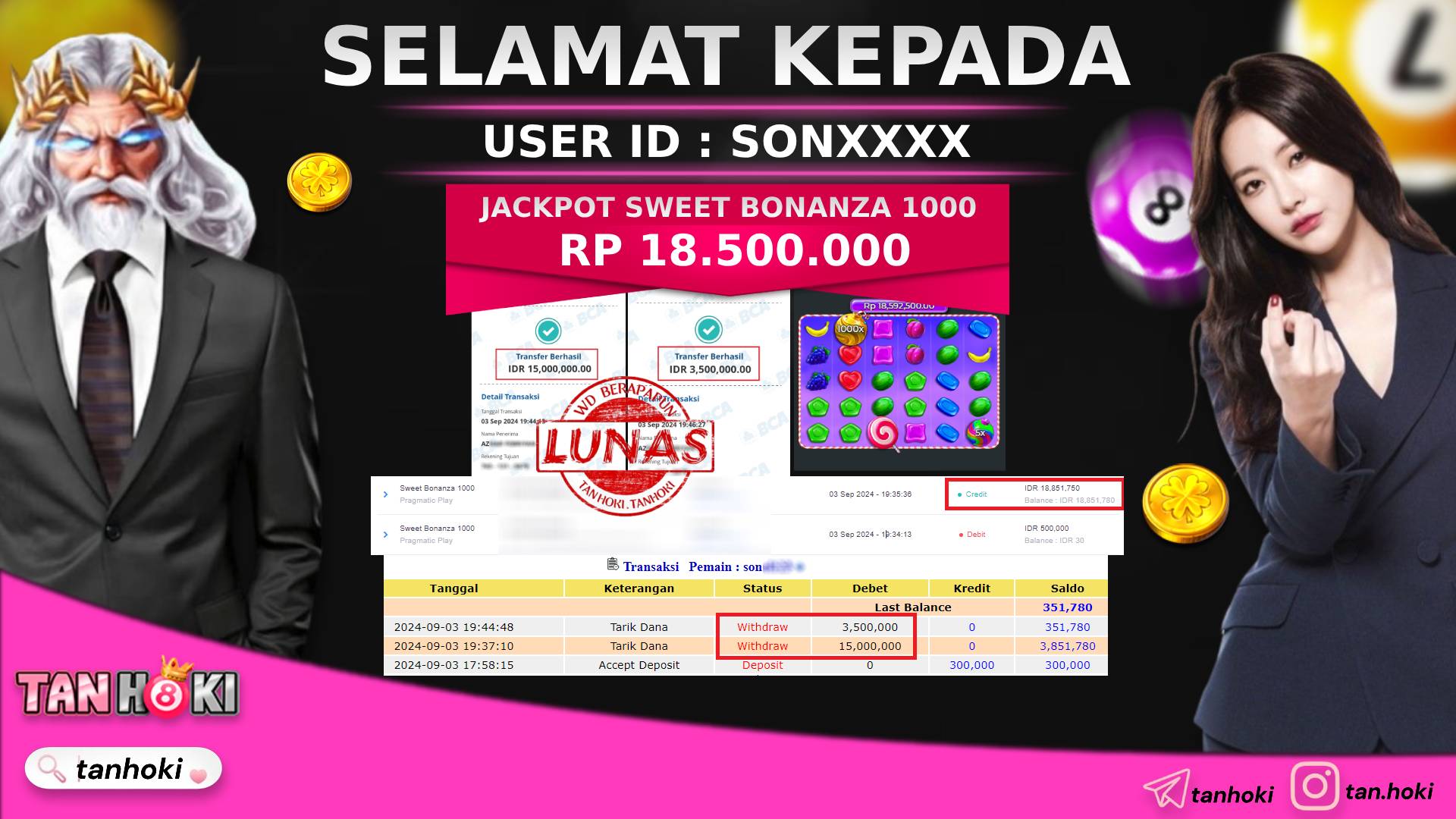 TANHOKI JACKPOT SLOT SWEET BONANZA 1000 Rp.18.000.000,- LUNAS