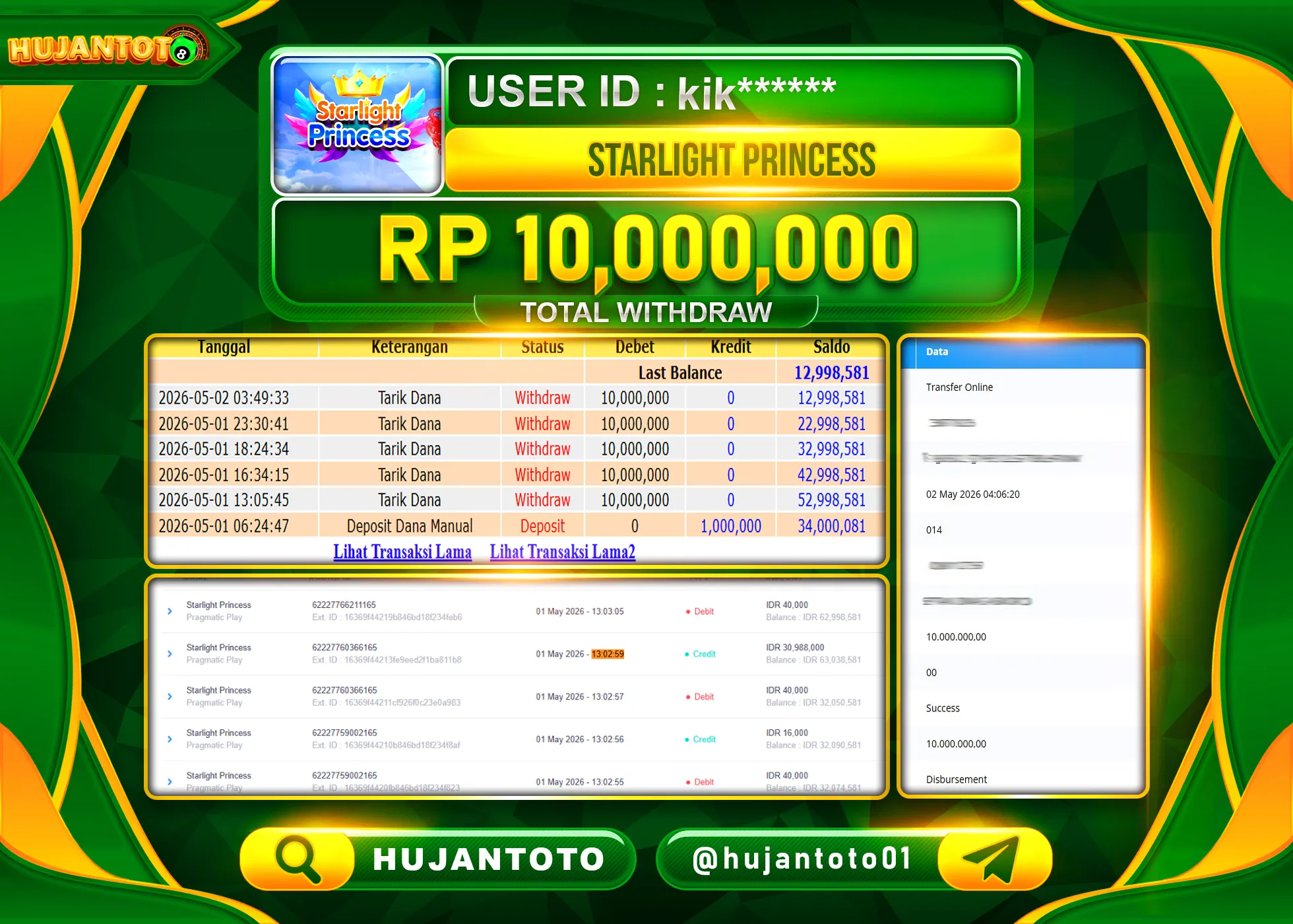 HUJANTOTO - BUKTI JACKPOT MENANG SLOT STARLIGHT PRINCESS PRAGMATIC Rp.10,000,000 - TERBAYAR LUNAS