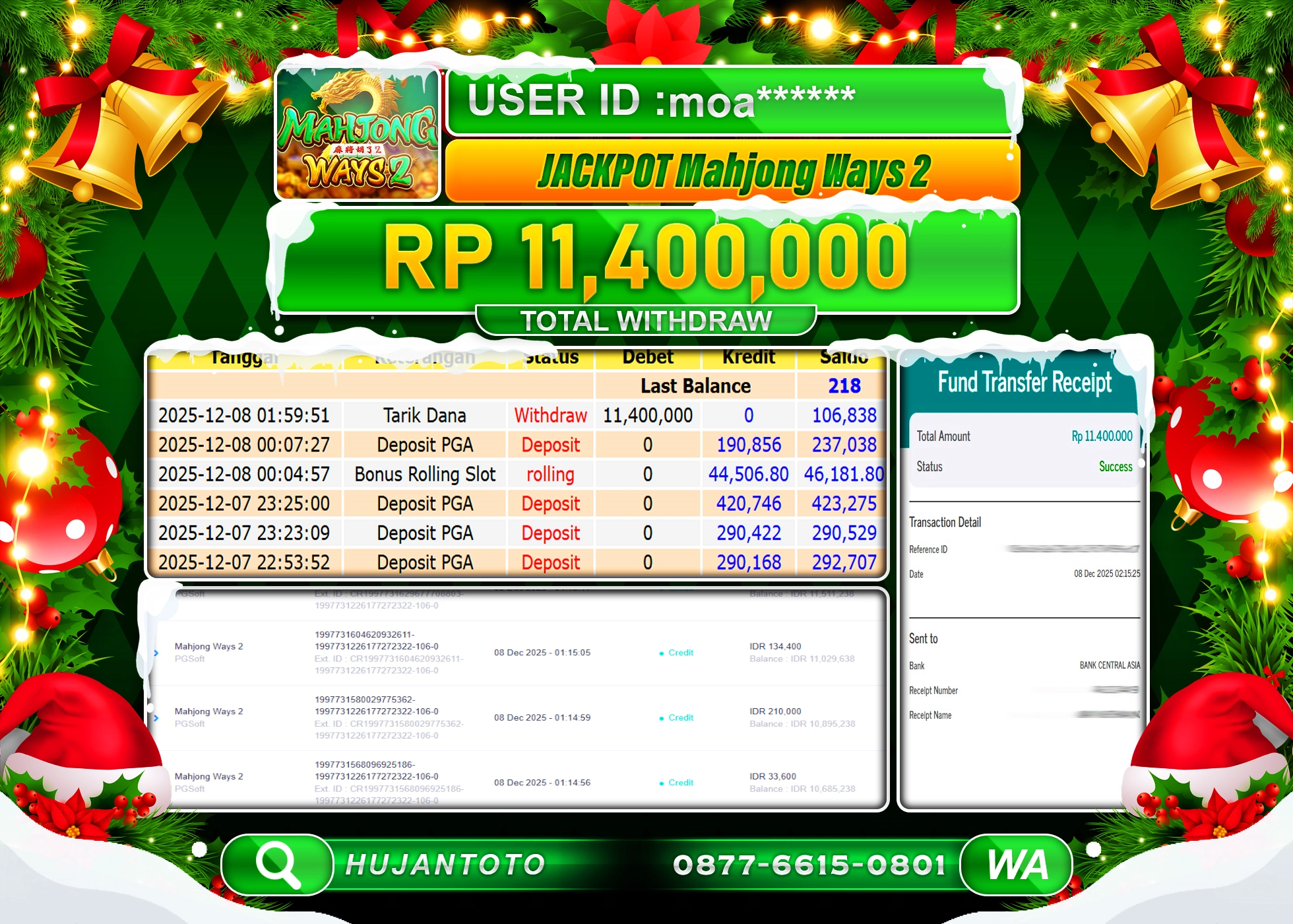HUJANTOTO - BUKTI JACKPOT MENANG SLOT PG SOFT MAHJONG WAYS 2 Rp.11,400,000 - TERBAYAR LUNAS
