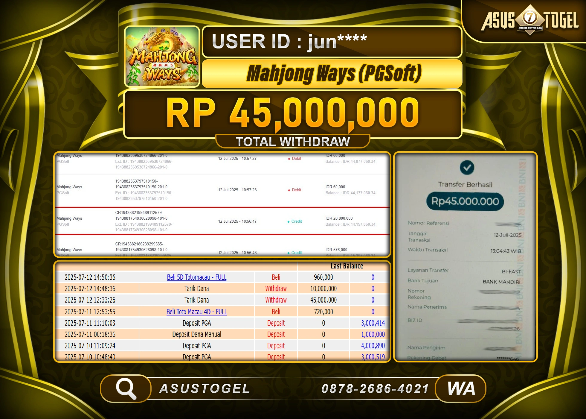 ASUSTOGEL KEMENANGAN DI SLOT MAHJONG WAYS SEBESAR 45,000,000- RUPIAH LUNAS