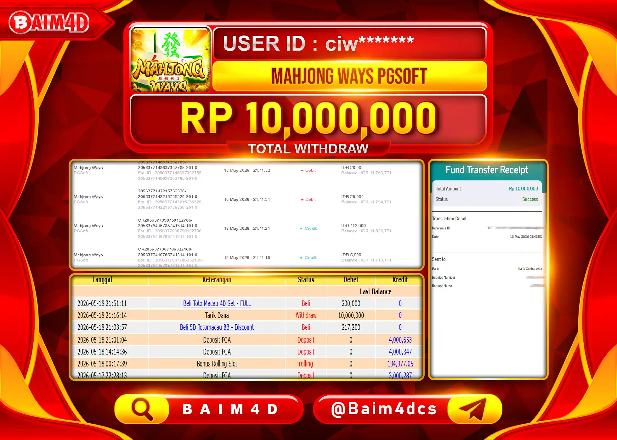 BAIM4D JACKPOT SLOT MAHJONG WAYS PGSOFT Rp.10,000,000 - LUNAS