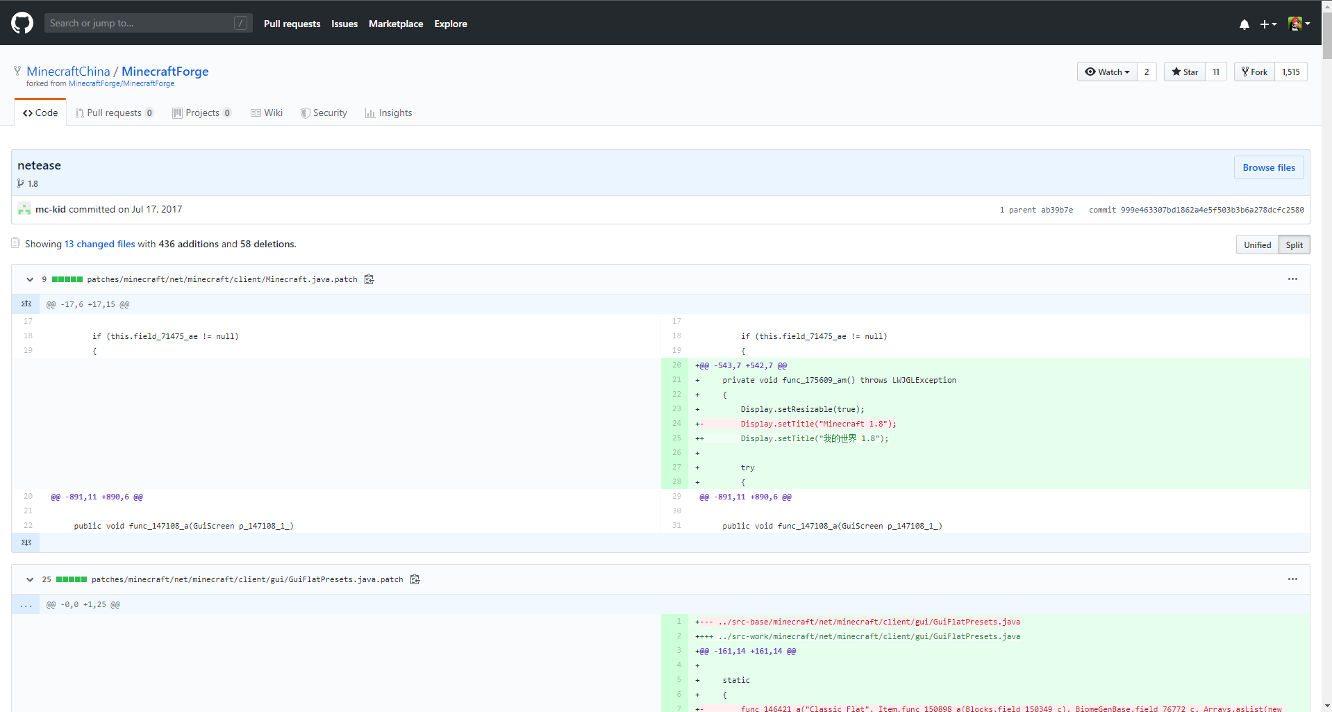 GitHub page, showing the code that NetEase modified.
