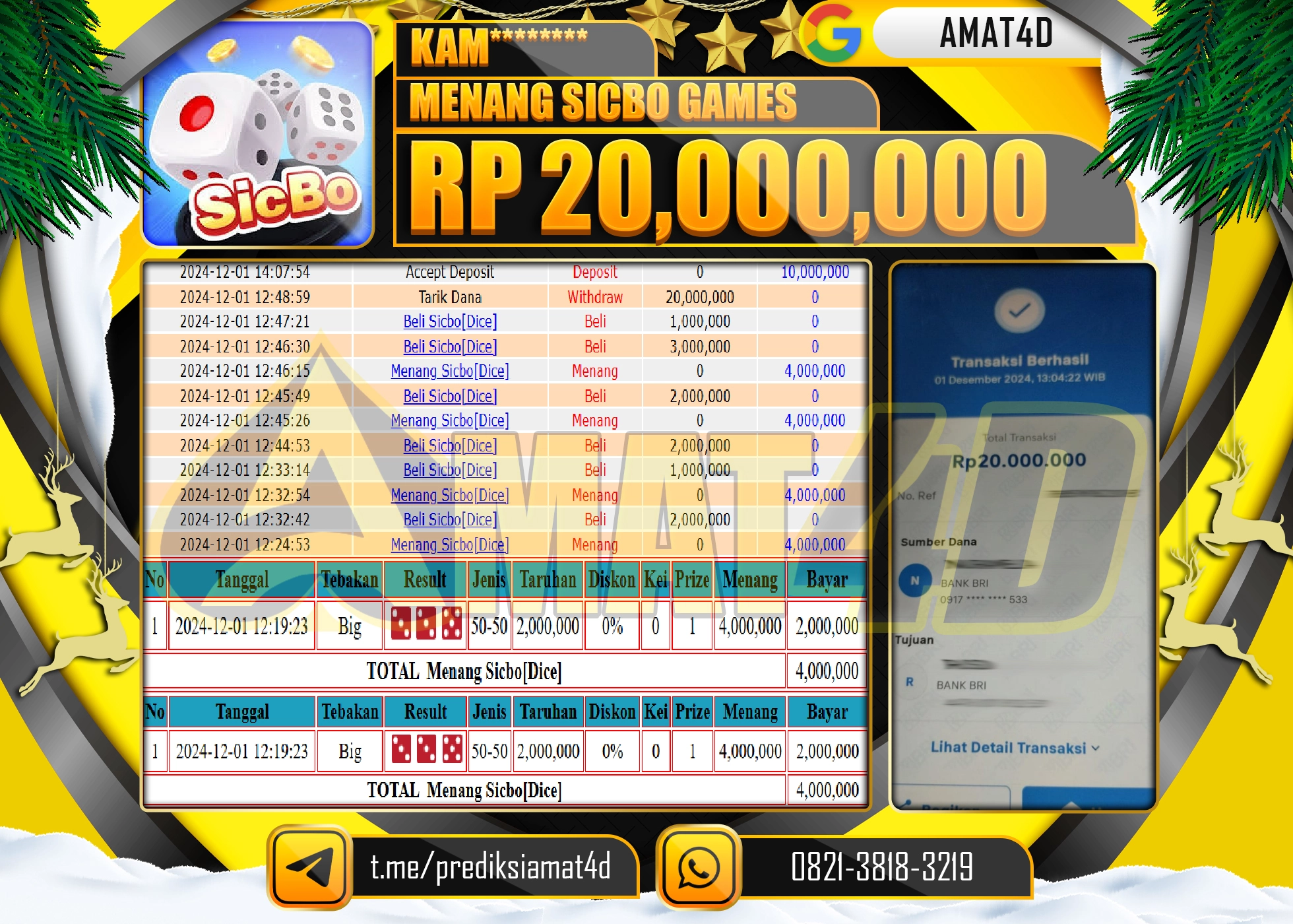  AMAT4D JACKPOT MENANG LIVEGAMES SICBO GAMES Rp.20.000.000 BERHASIL DI BAYAR LUNAS
