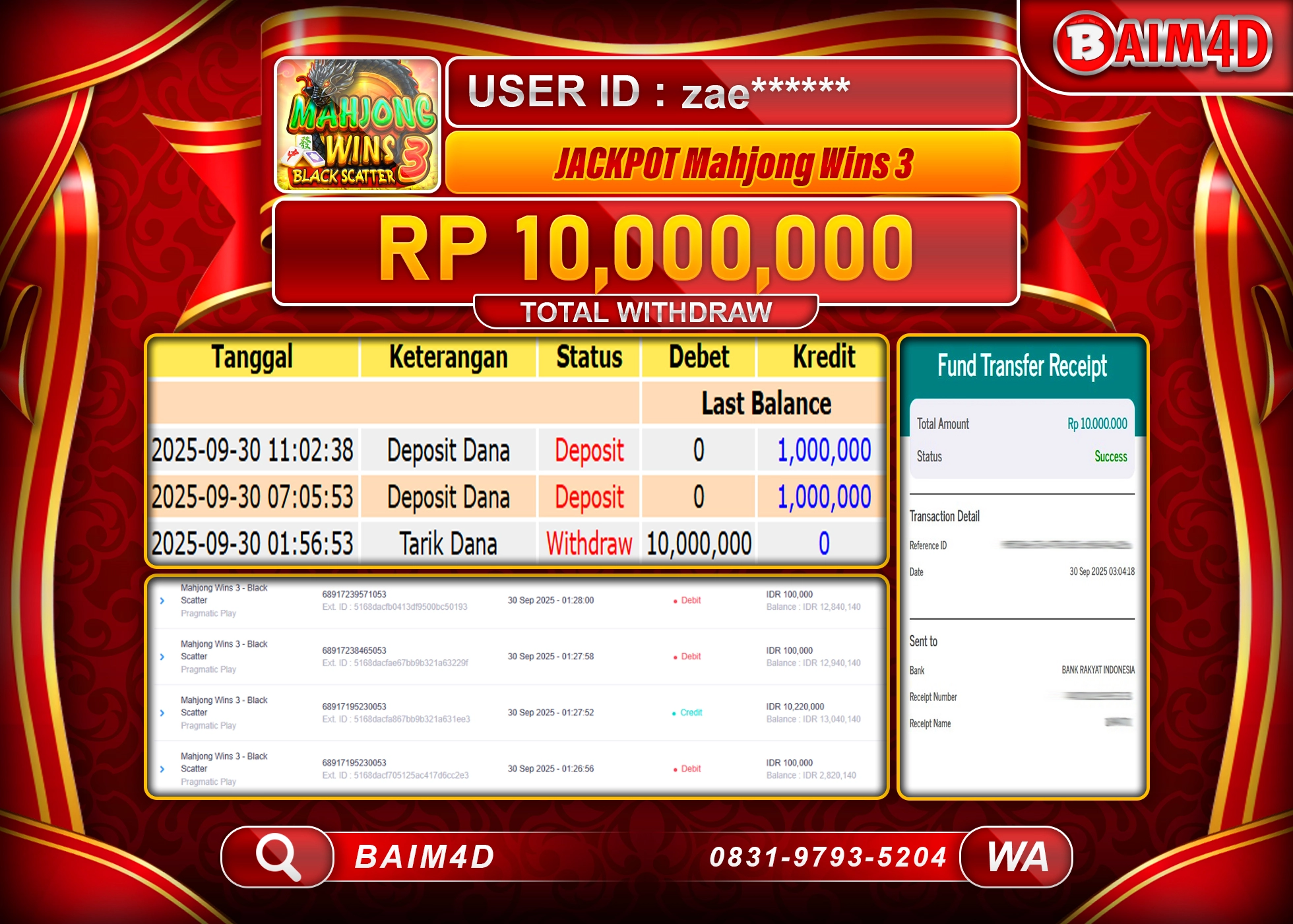 BAIM4D JACKPOT MAHJONG WINS 3 BLACK SCATTER Rp.10,000,000.- LUNAS