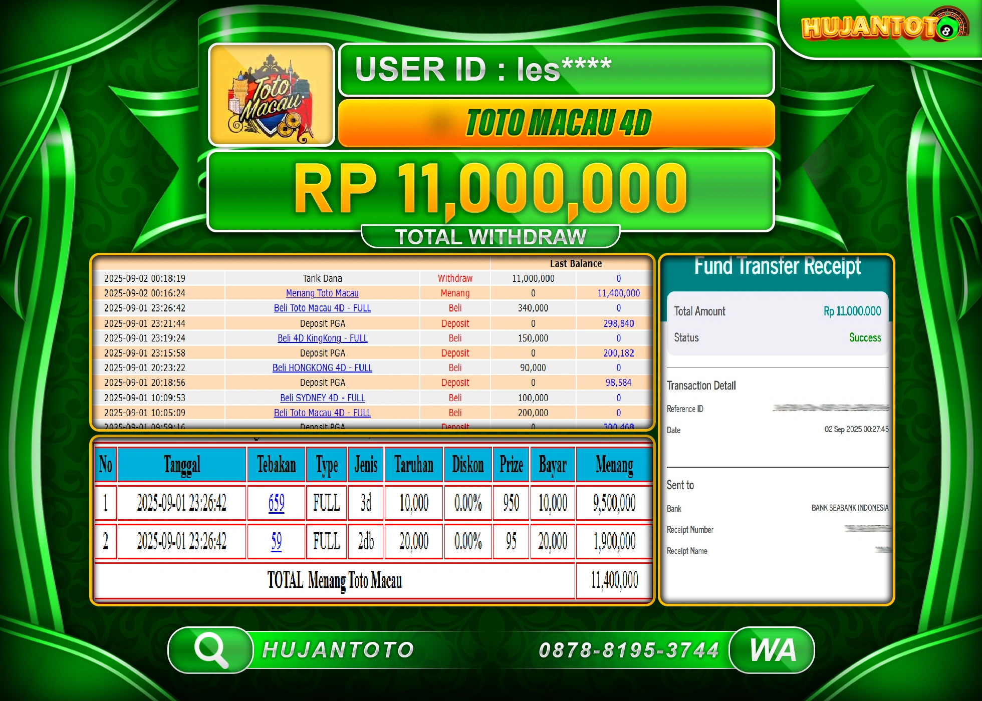 HUJANTOTO - BUKTI JACKPOT MENANG TOGEL TOTO MACAU 4D Rp.11,000,000 - TERBAYAR LUNAS