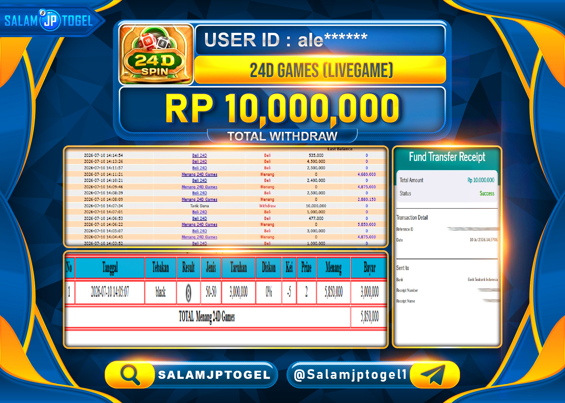 SALAMJPTOGEL JACKPOT MENANG 24D GAMES (LIVE GAME) Rp.10,000,000 - LUNAS
