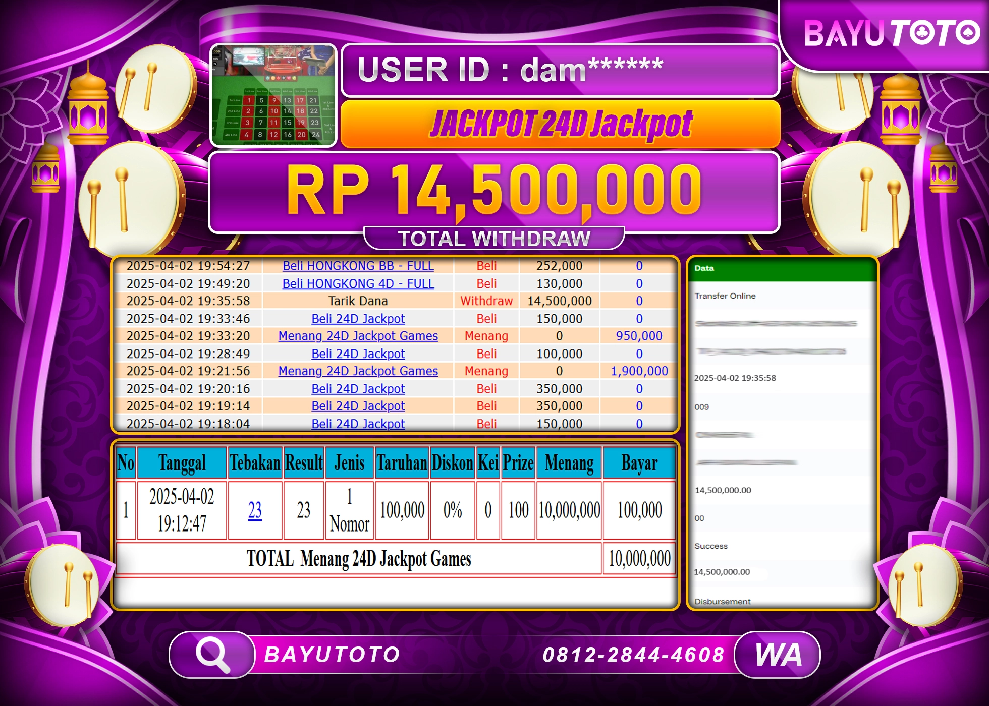 BAYUTOTO TELAH JACKPOT  DI LIVE GAMES 24D SPIN  Rp.14.500.000 LUNAS