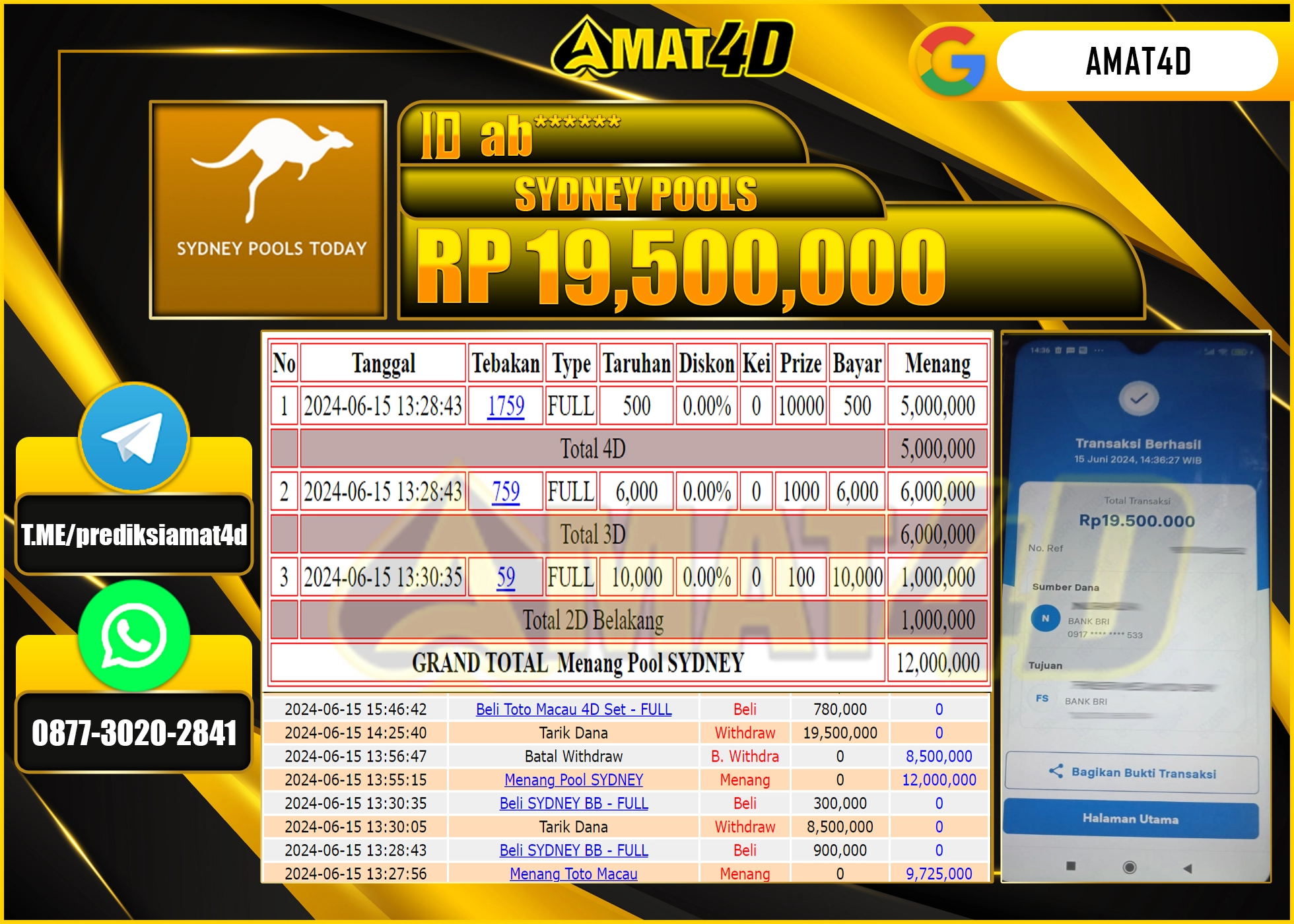 AMAT4D KEMENANGAN PASARAN SYDNEY POOLS Rp.19.500.000 BERHASIL TERBAYAR LUNAS !