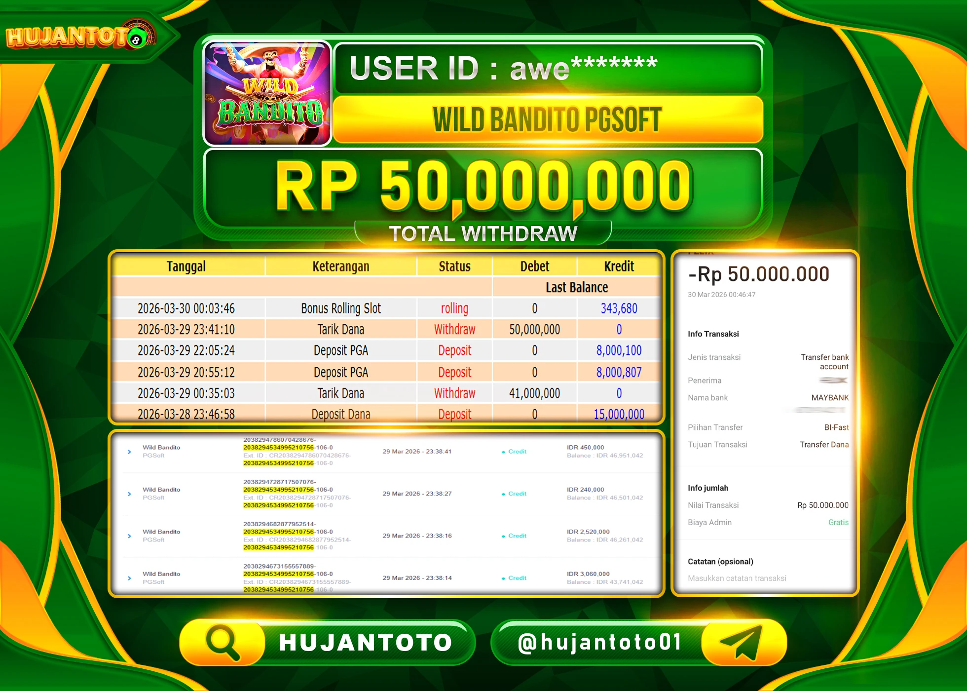 HUJANTOTO - BUKTI JACKPOT MENANG SLOT WILD BANDITO  Rp.50,000,000 - TERBAYAR LUNAS