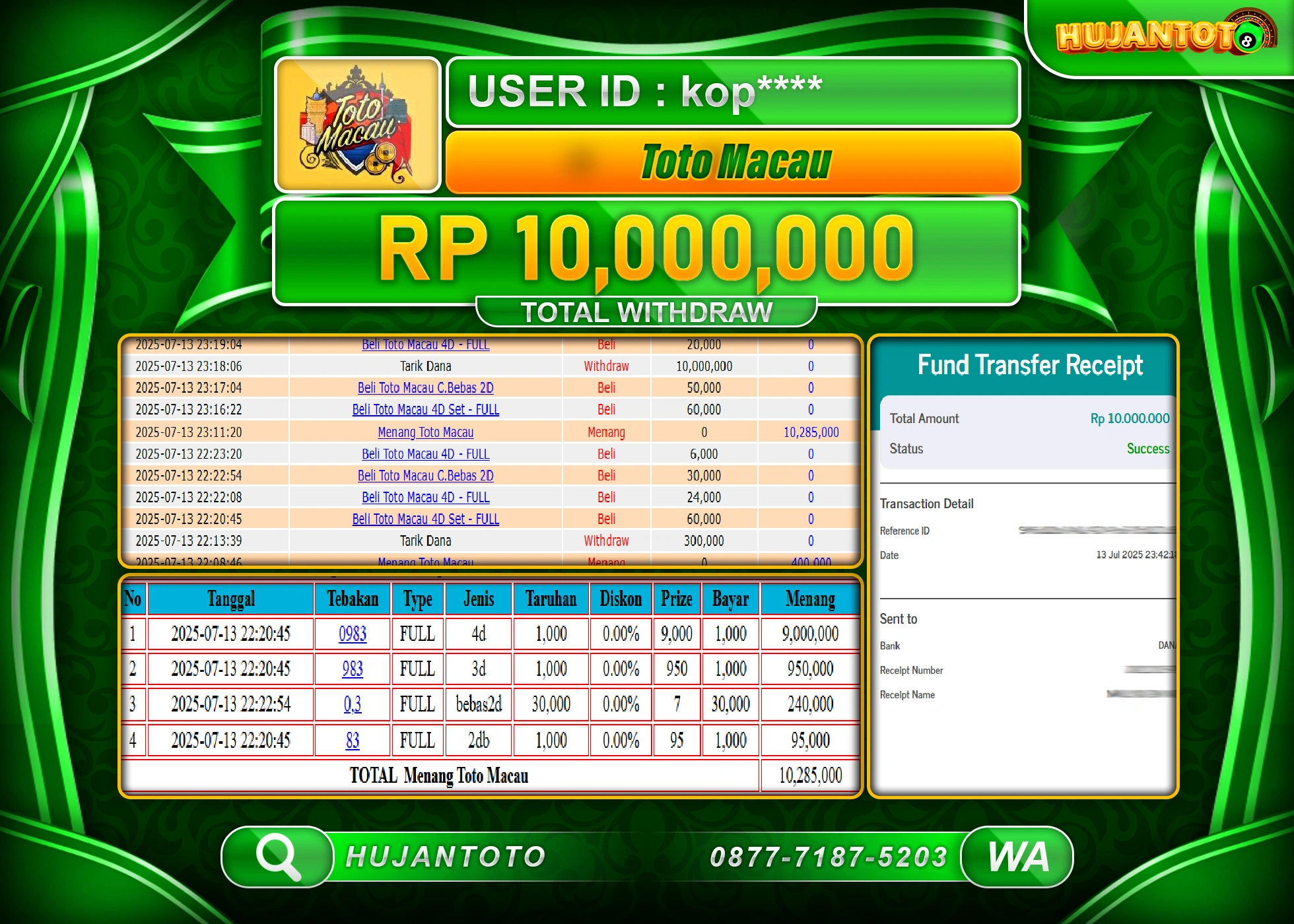 HUJANTOTO - BUKTI JACKPOT MENANG TOGEL TOTO MACAU 4D Rp.10,000,000 - TERBAYAR LUNAS