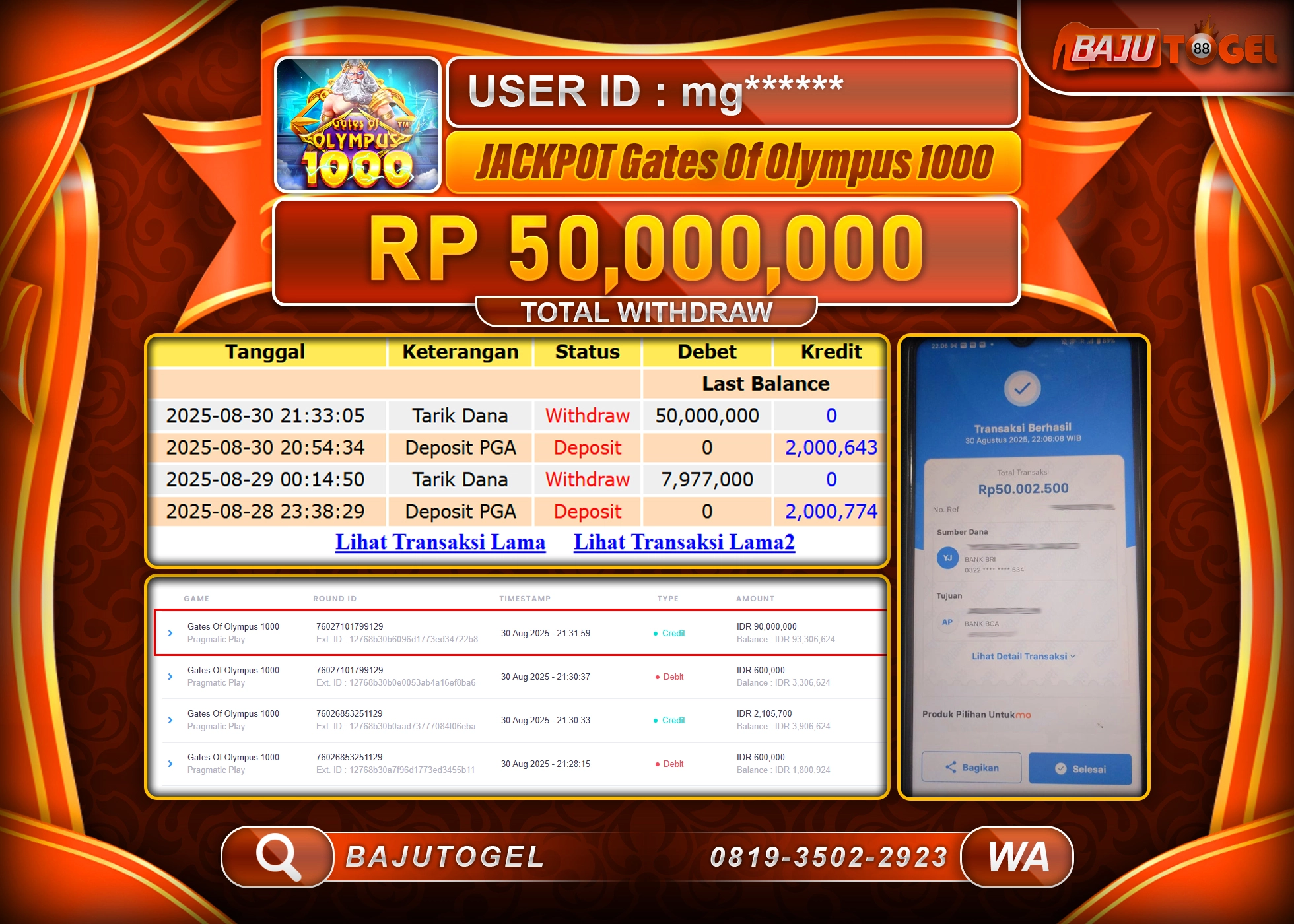 BAJUTOGEL KEMENANGAN GATES OF OLYMPUS 1000 Rp.50.000.000 LUNAS