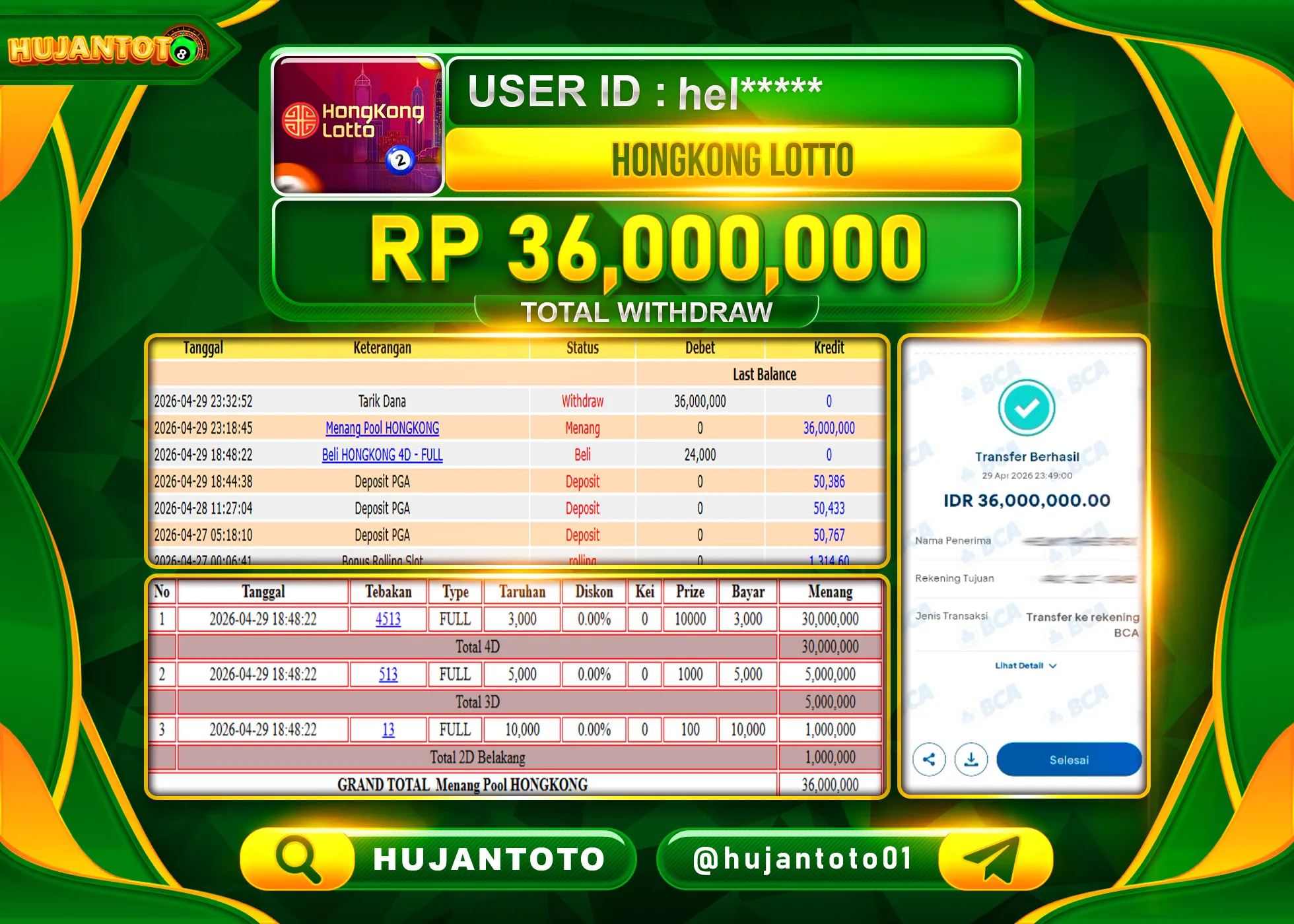 HUJANTOTO - BUKTI JACKPOT MENANG TOGEL HONGKONG Rp.36,000,000 - TERBAYAR LUNAS