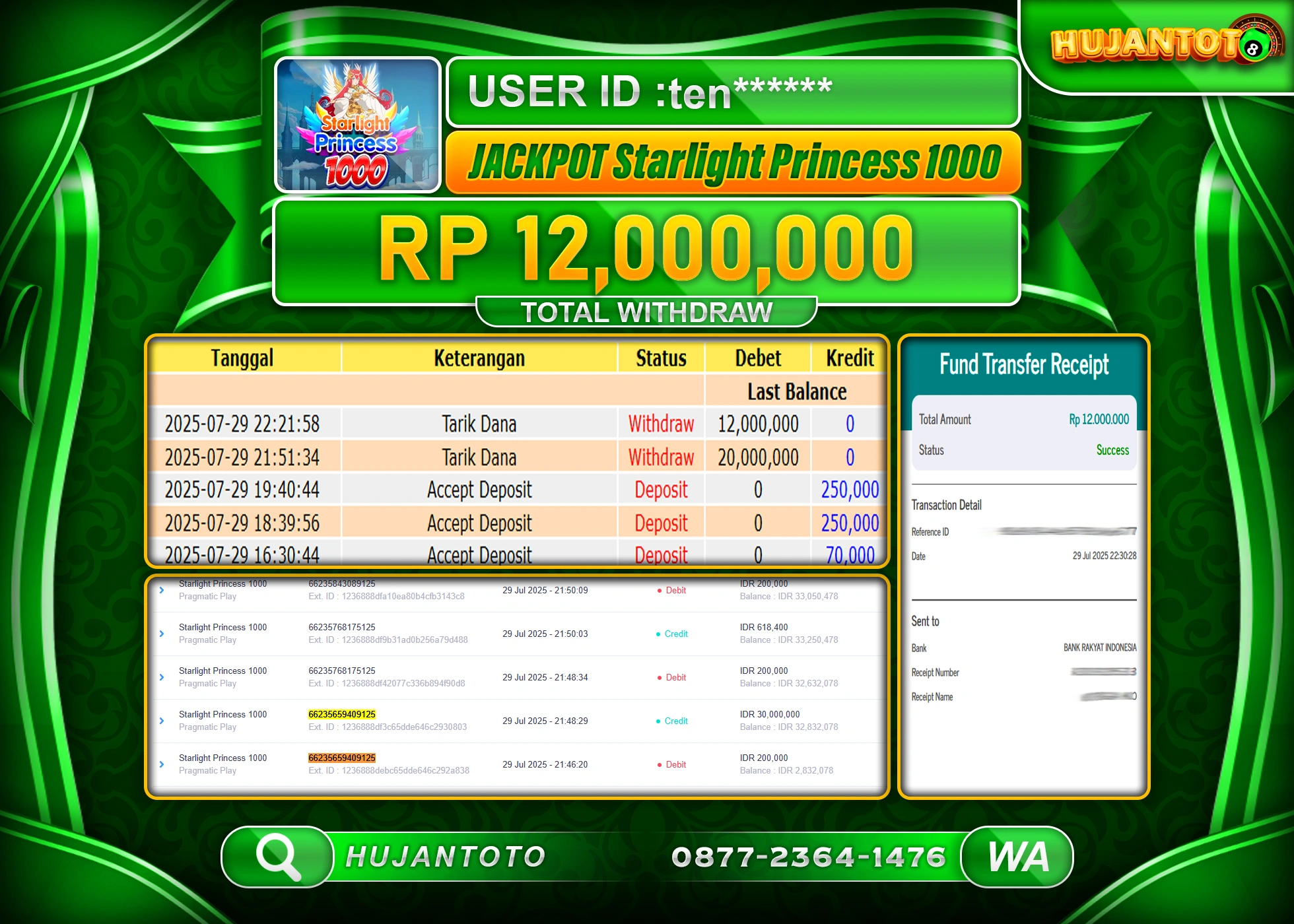 HUJANTOTO - BUKTI JACKPOT MENANG SLOT STARLIGHT PRINCESS 1000 Rp.12,000,000 - TERBAYAR LUNAS