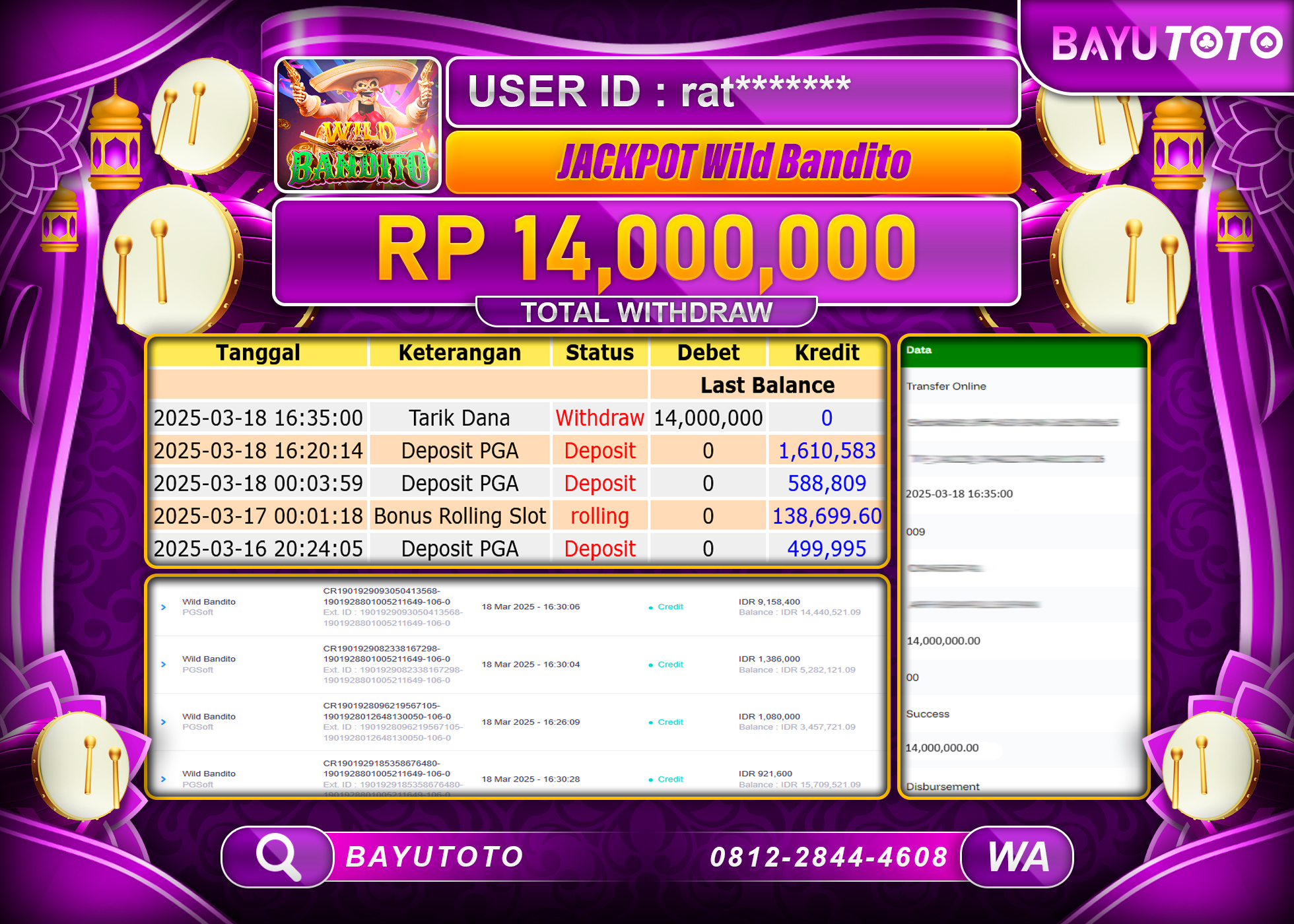 BAYUTOTO TELAH JACKPOT  DI SLOT WILD BANDITO Rp.14.000.000 LUNAS