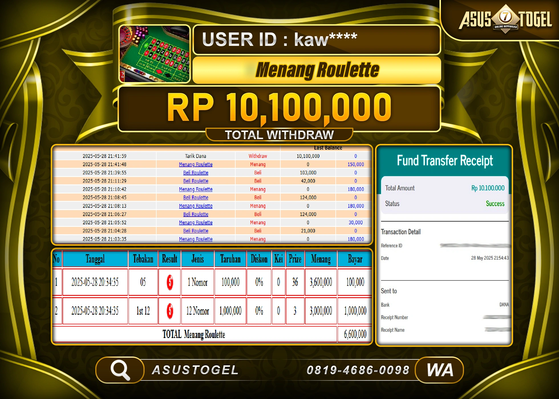  ASUSTOGEL KEMENANGAN DI LIVE GAMES ROULETTE SEBESAR 10,100,000- RUPIAH LUNAS