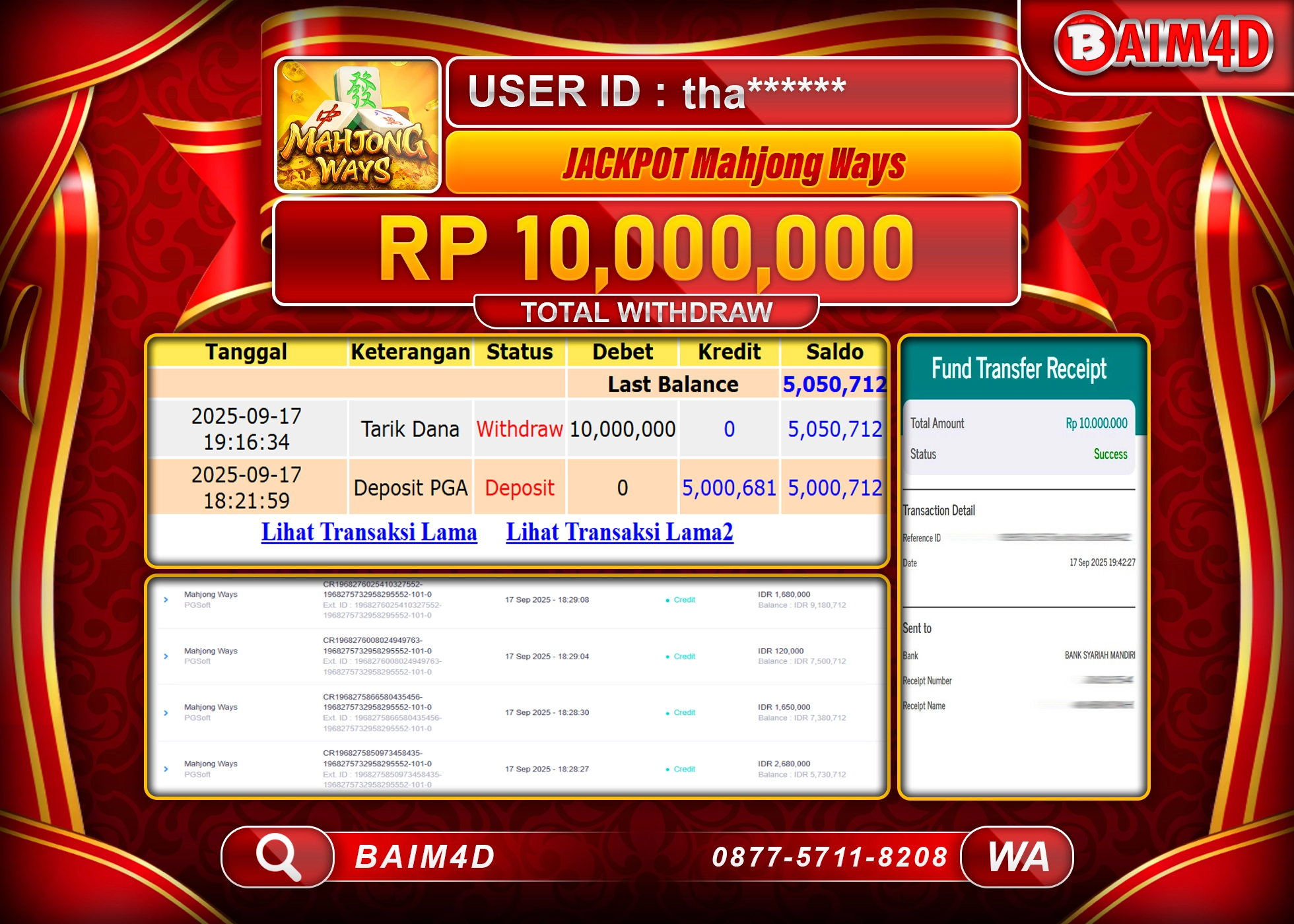 BAIM4D JACKPOT SLOT MAHJONG WAYS  Rp.10,000,000.- LUNAS