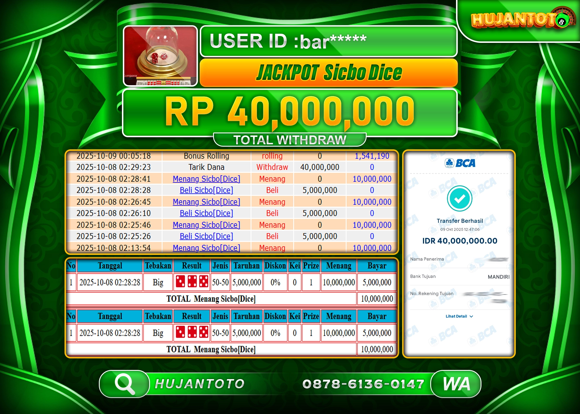HUJANTOTO - BUKTI JACKPOT MENANG LIVE GAMES SICBO DICE Rp.40,000,000 - TERBAYAR LUNAS