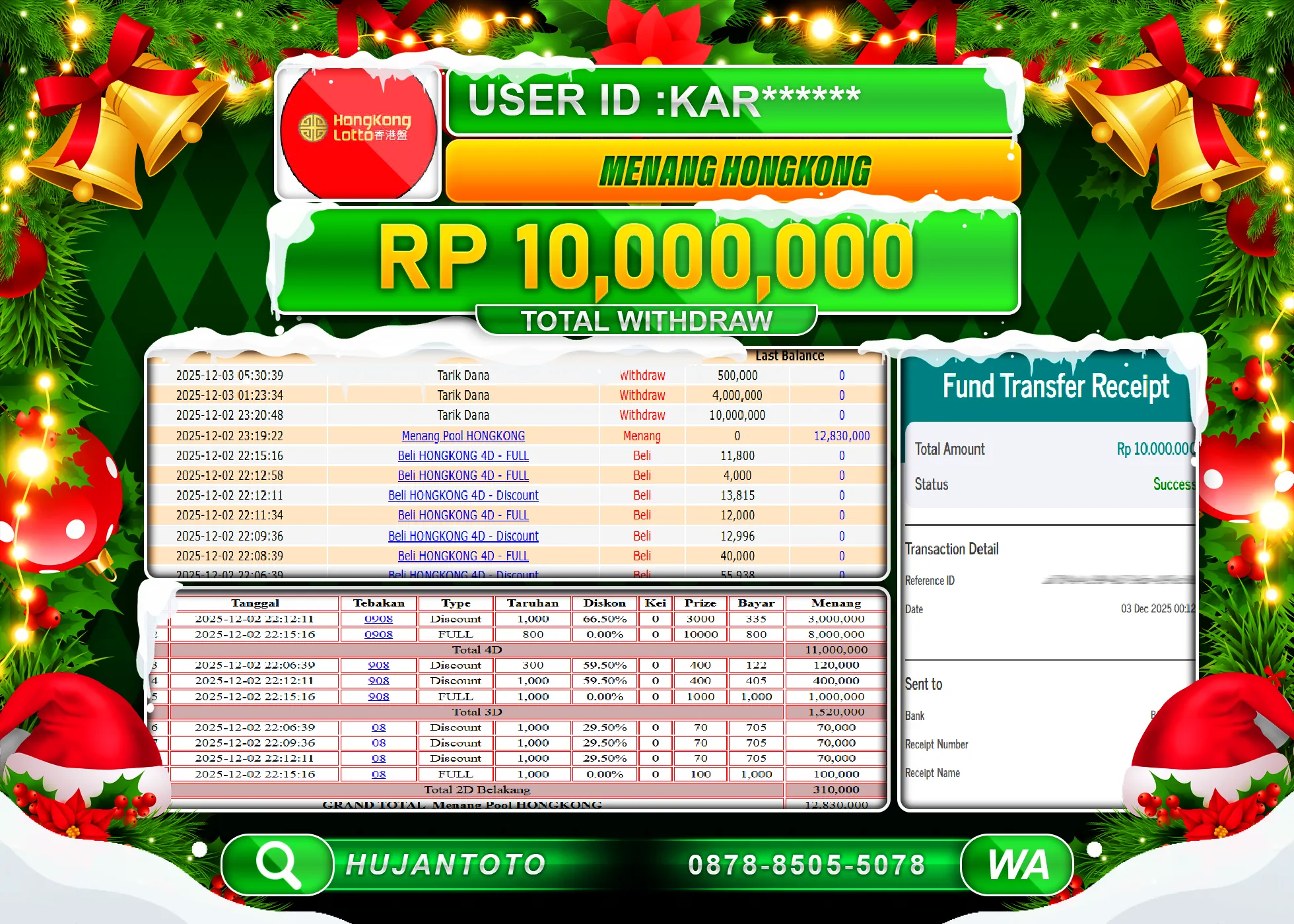 HUJANTOTO - BUKTI JACKPOT MENANG TOGEL HONGKONG LOTTO Rp.10,000,000 - TERBAYAR LUNAS