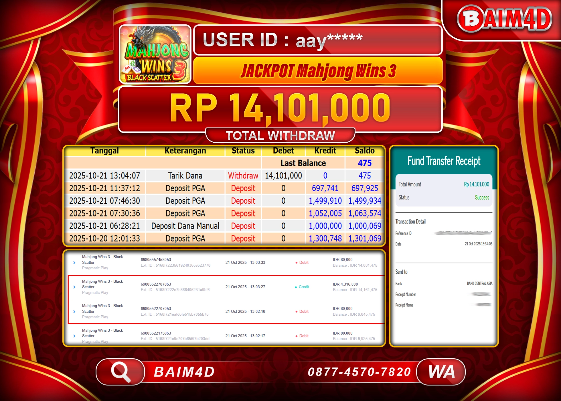 BAIM4D JACKPOT SLOT MAHJONG WINS 3 Rp.14,101,000.- LUNAS