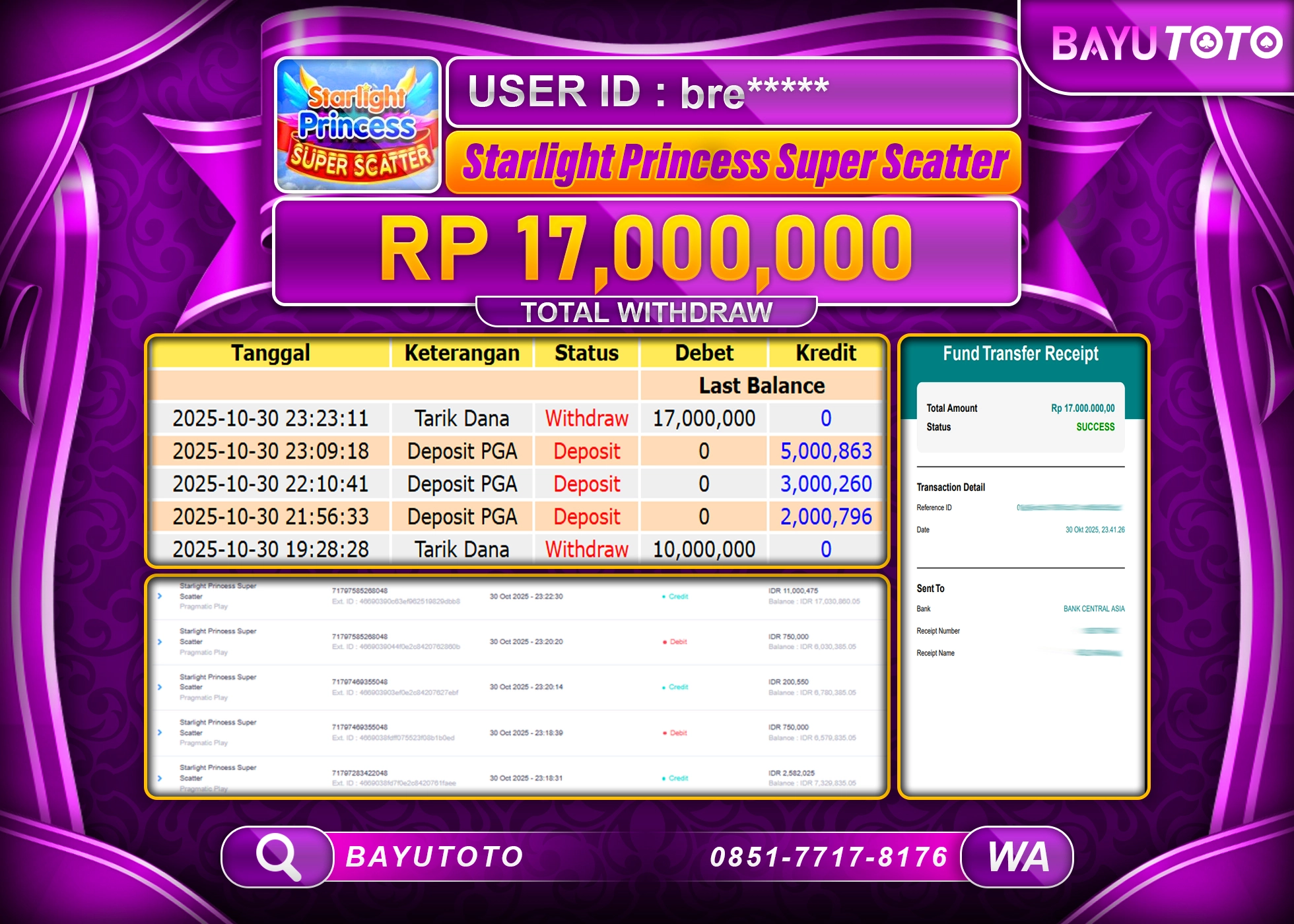 MEMBER BAYUTOTO JACKPOT Starlight Princess Super Scatter Rp. 17,000,000 LUNAS