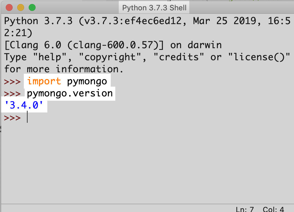 Screenshot of Python's IDLE importing the "pymongo" library and having it return the version string