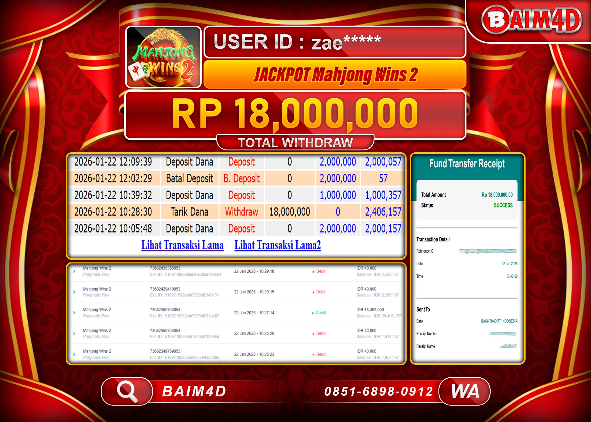 BAIM4D JACKPOT  SLOT MAHYONG WINS 2 Rp.18,000,000 - LUNAS