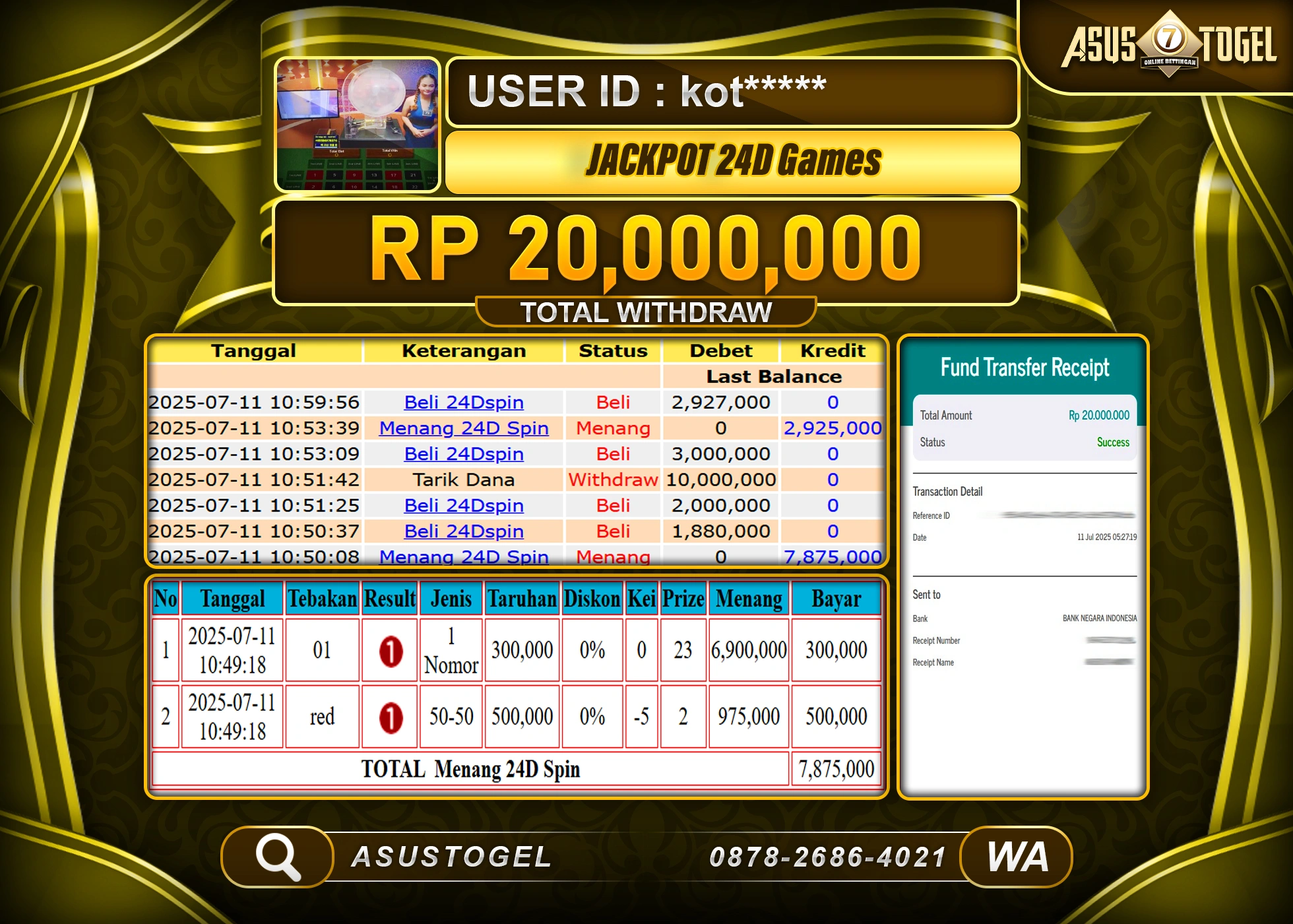 ASUSTOGEL KEMENANGAN DI LIVEGAMES 24D SPIN GAMES SEBESAR 20,000,000- RUPIAH LUNAS