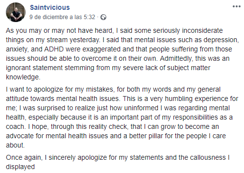 Comunicado oficial de Saintvicious respecto a sus declaraciones. Fuente: https://www.facebook.com/LoLSaintvicious/posts/1822170627891993?__tn__=-R Comunicado oficial de Saintvicious respecto a sus declaraciones. Fuente: https://www.facebook.com/LoLSaintvicious/posts/1822170627891993?__tn__=-R