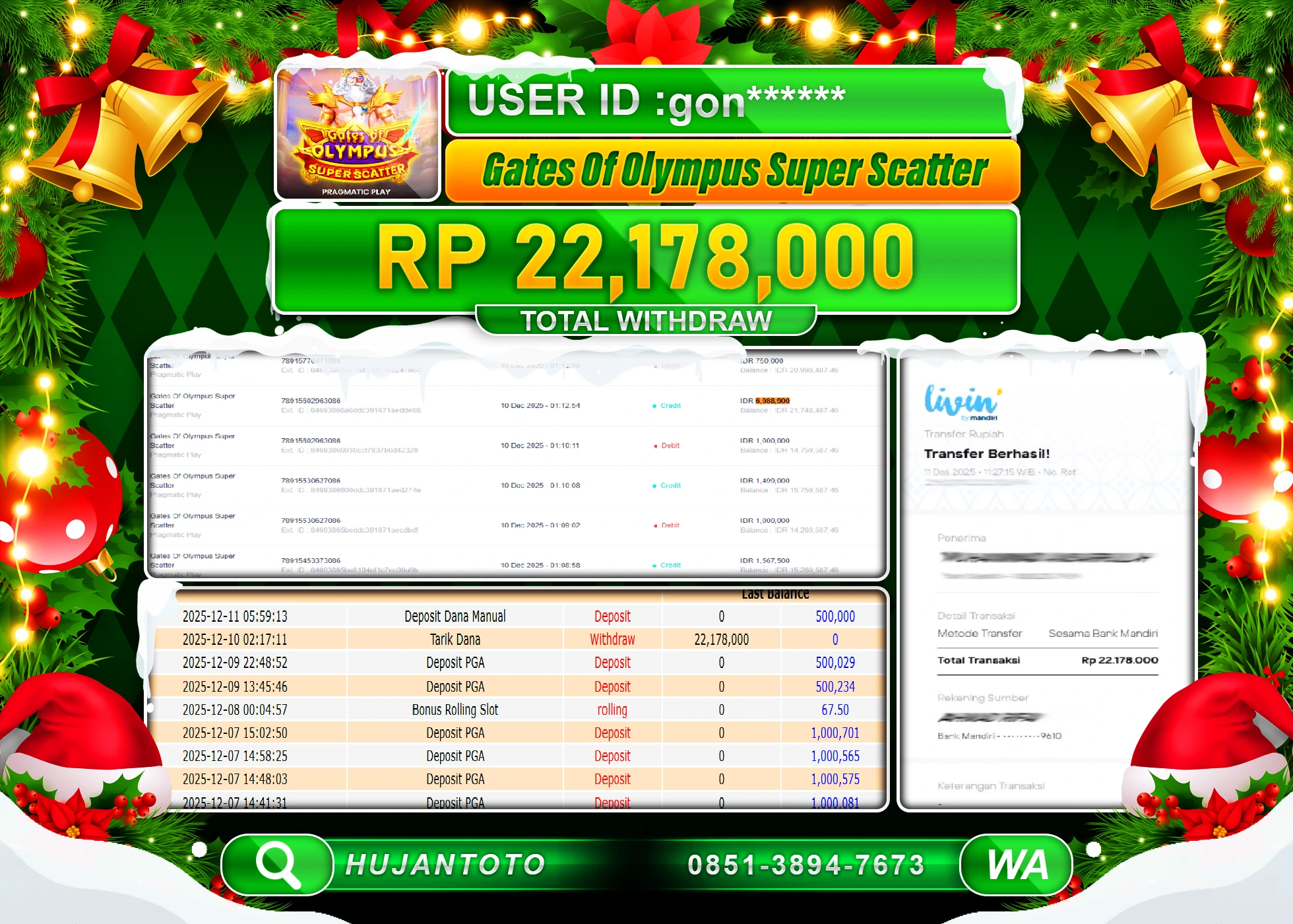 HUJANTOTO - BUKTI JACKPOT MENANG SLOT GATES OF OLYMPUS SUPER SCATTER Rp.22,178,000 - TERBAYAR LUNAS