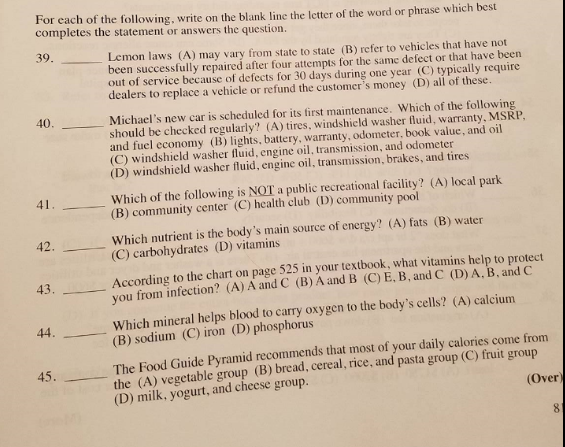 Solved For each of the following, write on the blank line | Chegg.com