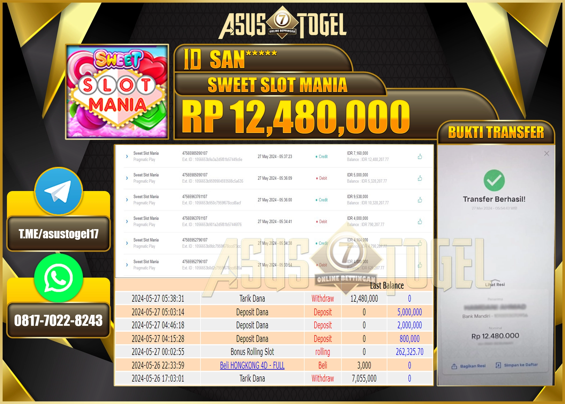 ASUSTOGEL KEMENANGAN  SWEET SLOT MANIA 12,480,000-LUNAS