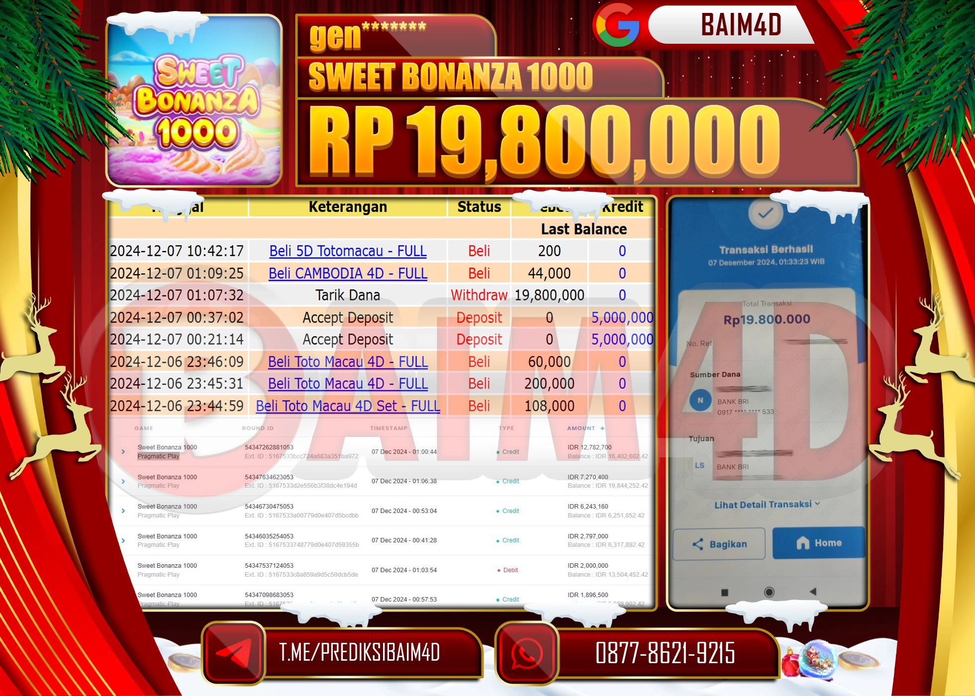 BAIM4D JACKPOT SWEET BONANZA 1000 Pragmatic Play Rp.19.800,000.- LUNAS