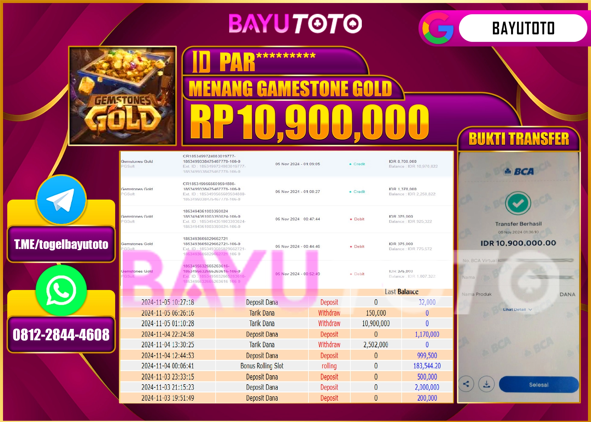 BAYUTOTO MENANG GAME STONE GOLD 10.900.000 - LUNAS