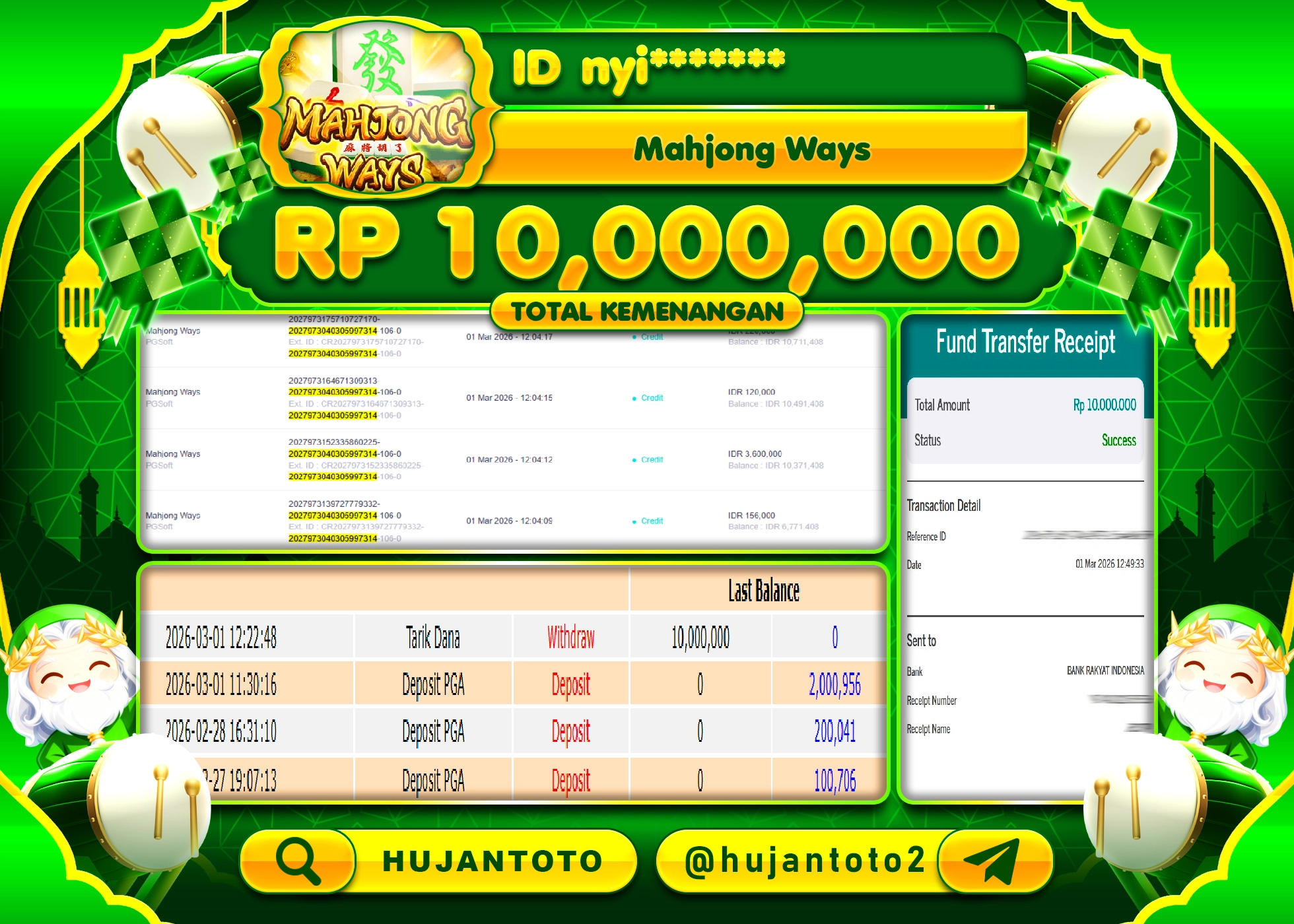 HUJANTOTO - BUKTI JACKPOT MENANG SLOT MAHJONG WAYS   Rp.10,000,000 - TERBAYAR LUNAS