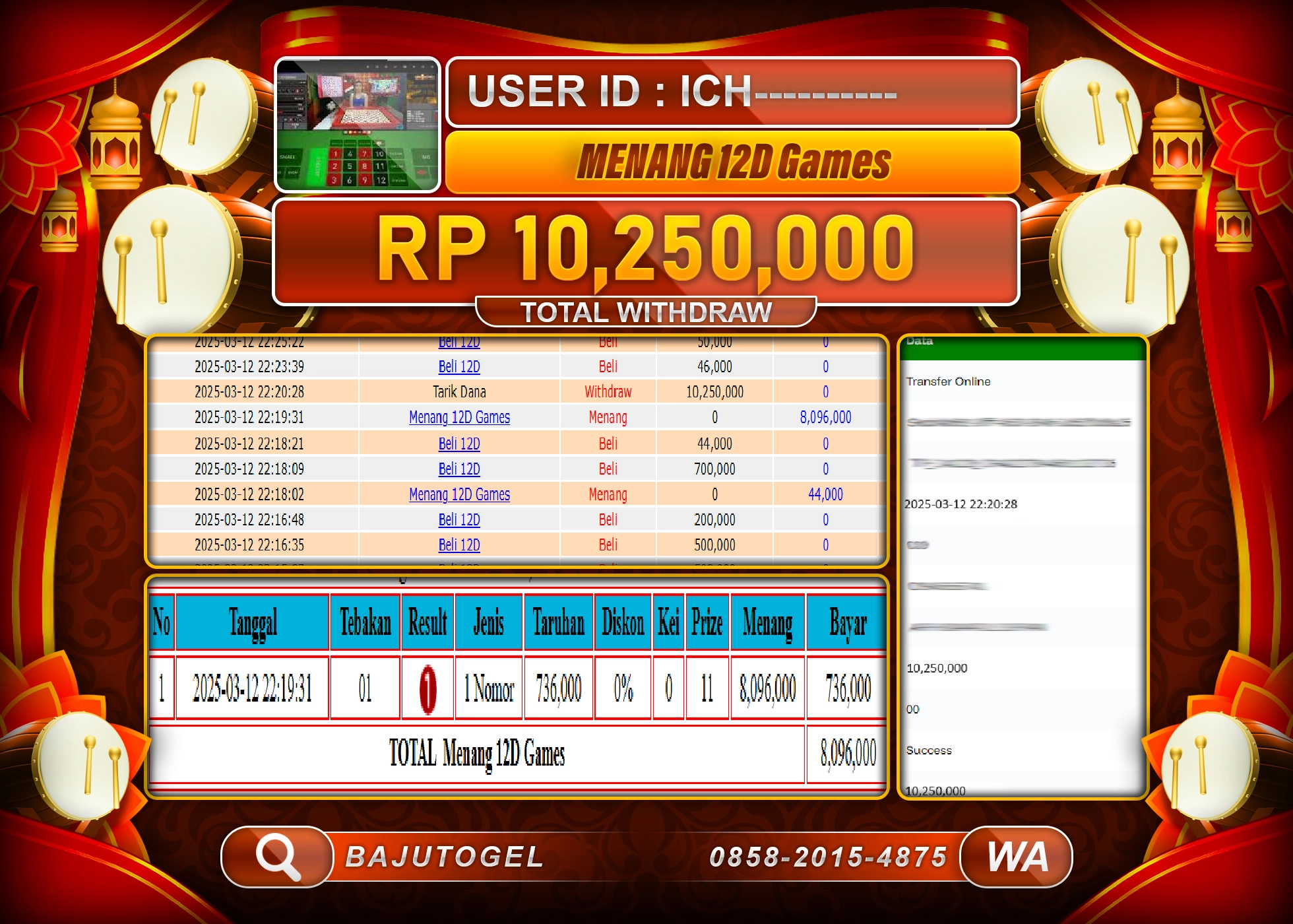 BAJUTOGEL KEMENANGAN CASINO LIVE 120 GAMES Rp.10.250.000 LUNAS