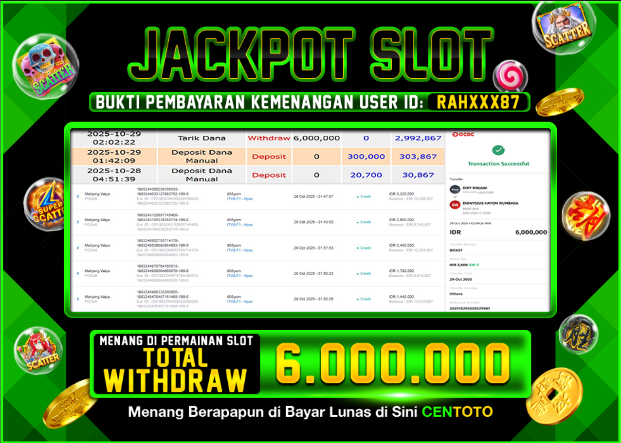 BUKTI JACKPOT SLOT CENTOTO RP.6.000.000,-LUNAS
