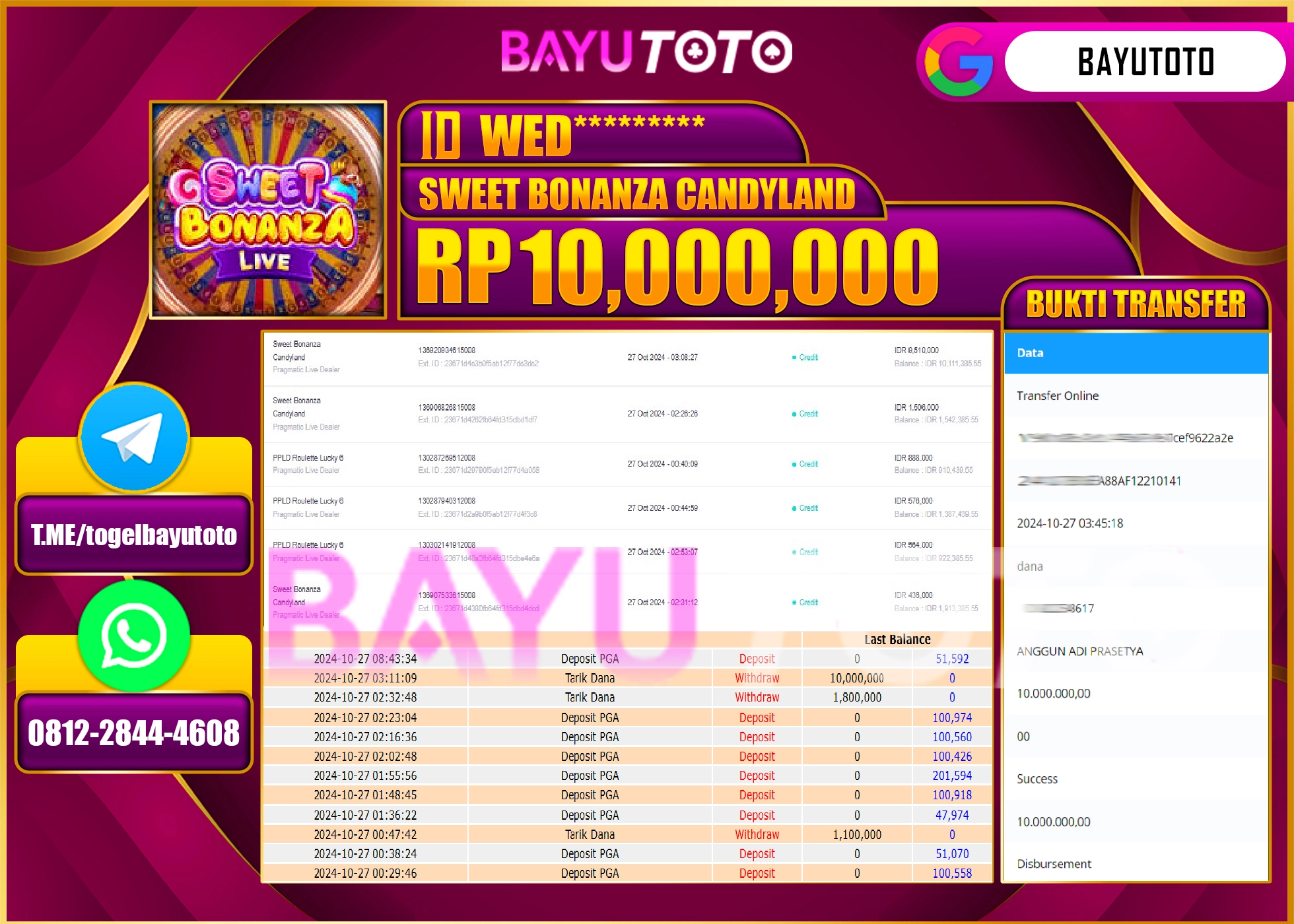 BAYUTOTO MENANG SWEET BONANZA CANDYLAND 10.000.000 - LUNAS