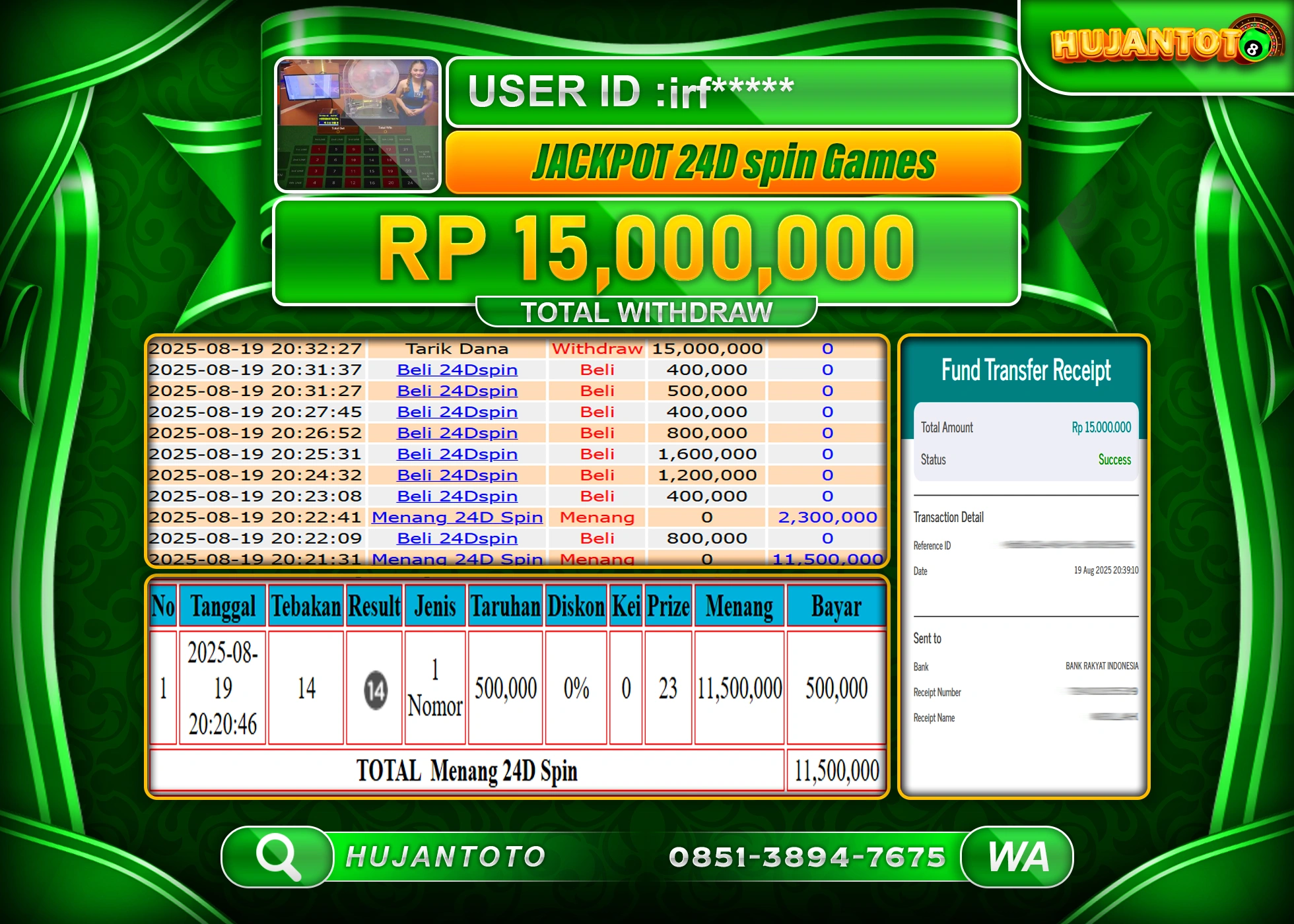 HUJANTOTO - BUKTI JACKPOT MENANG LIVE GAME 24D SPIN Rp.15,000,000 - TERBAYAR LUNAS
