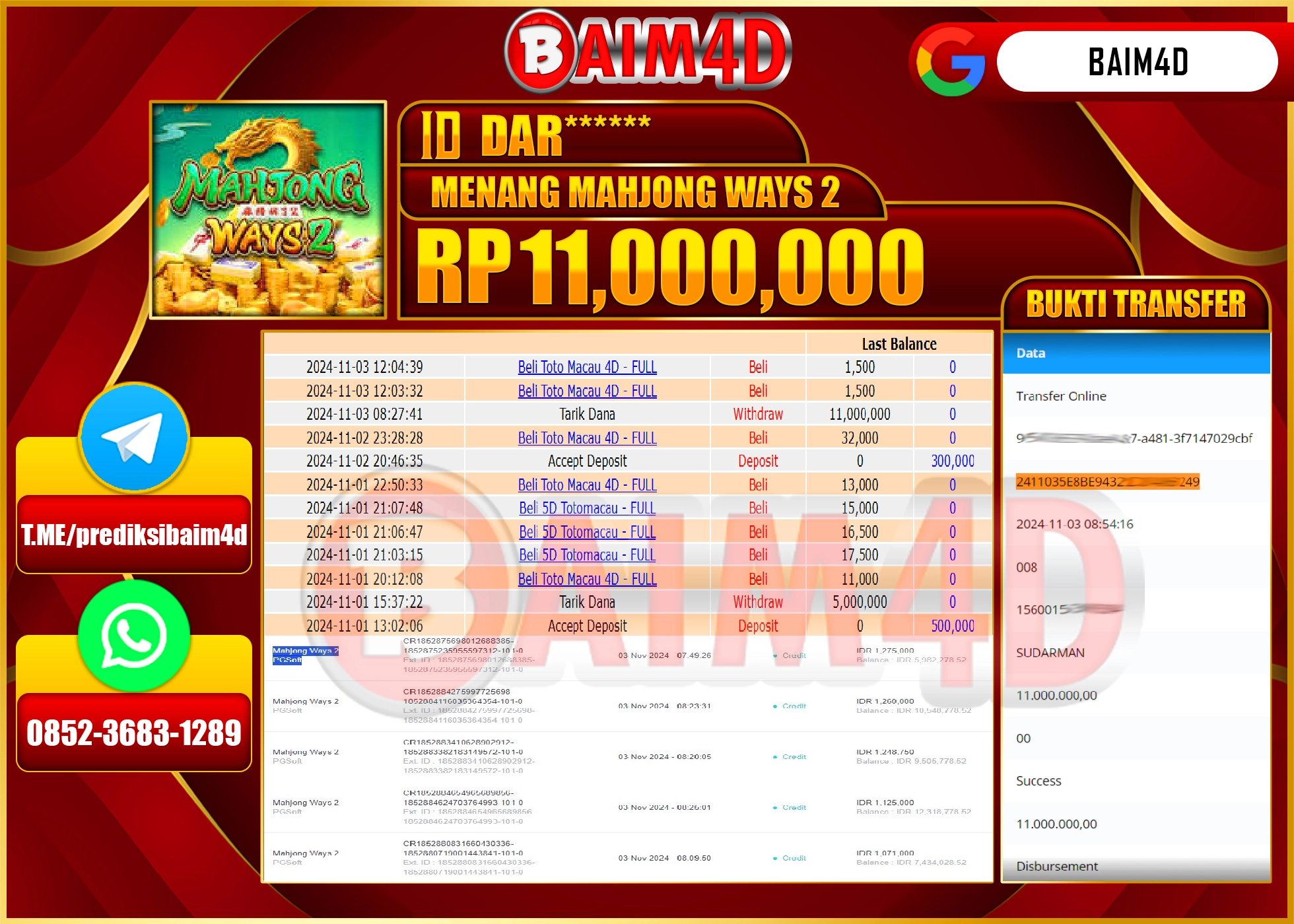 BAIM4D JACKPOT Slot Mahjong Ways 2 (PGSoft) Bonus Rp.11,000,000.- LUNAS
