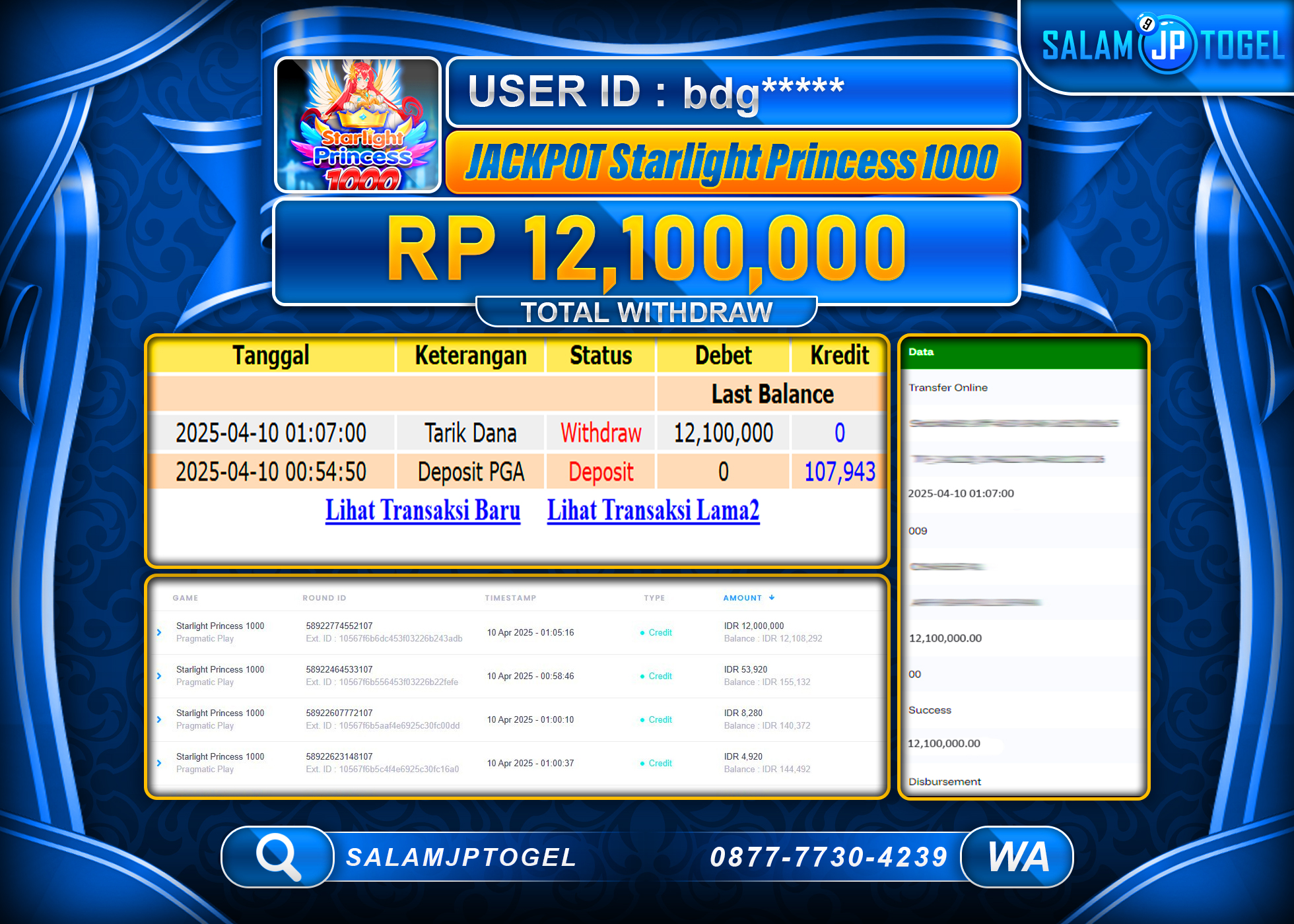 SALAMJPTOGEL MENANG STARLIGHT PRINCESS 1000  Rp. 12,100,000 LUNAS