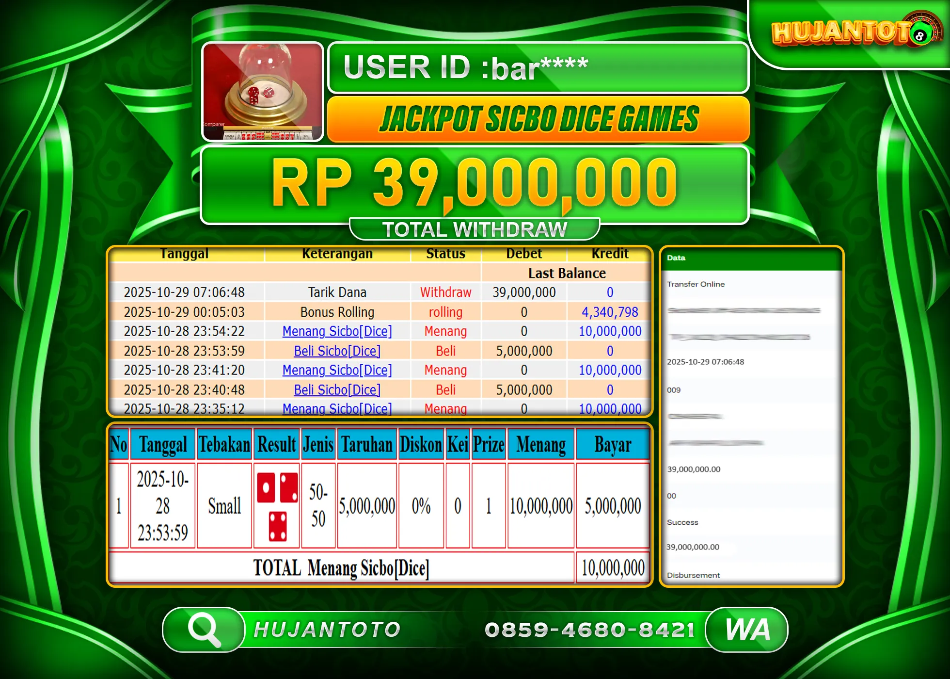 HUJANTOTO - BUKTI JACKPOT MENANG LIVE GAMES SICBO DICE Rp.39,000,000 - TERBAYAR LUNAS