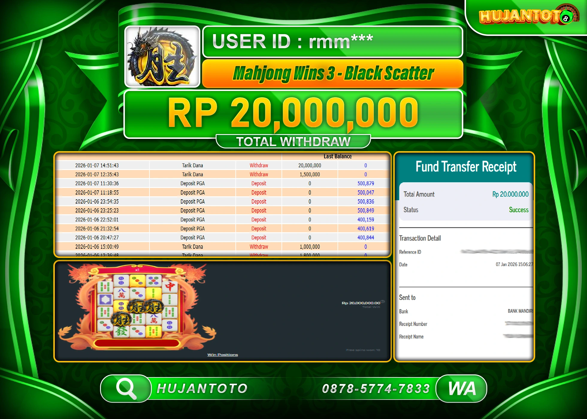 HUJANTOTO - BUKTI JACKPOT MENANG SLOT MAHJONG WINS 3 - BLACK SCATTER Rp.20,000,000 - TERBAYAR LUNAS