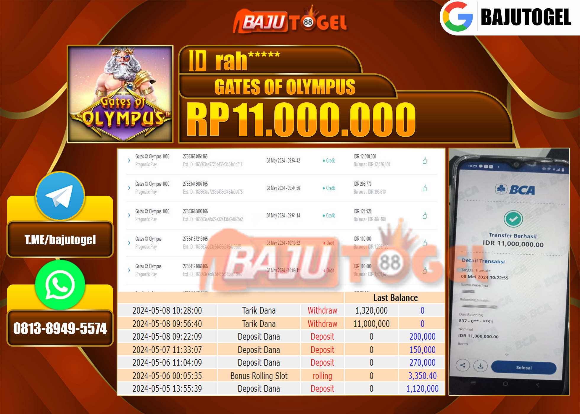 BAJUTOGEL JACKPOT SLOT GATES OF OLYMPUS 1000 Rp.11.000.000 LUNAS