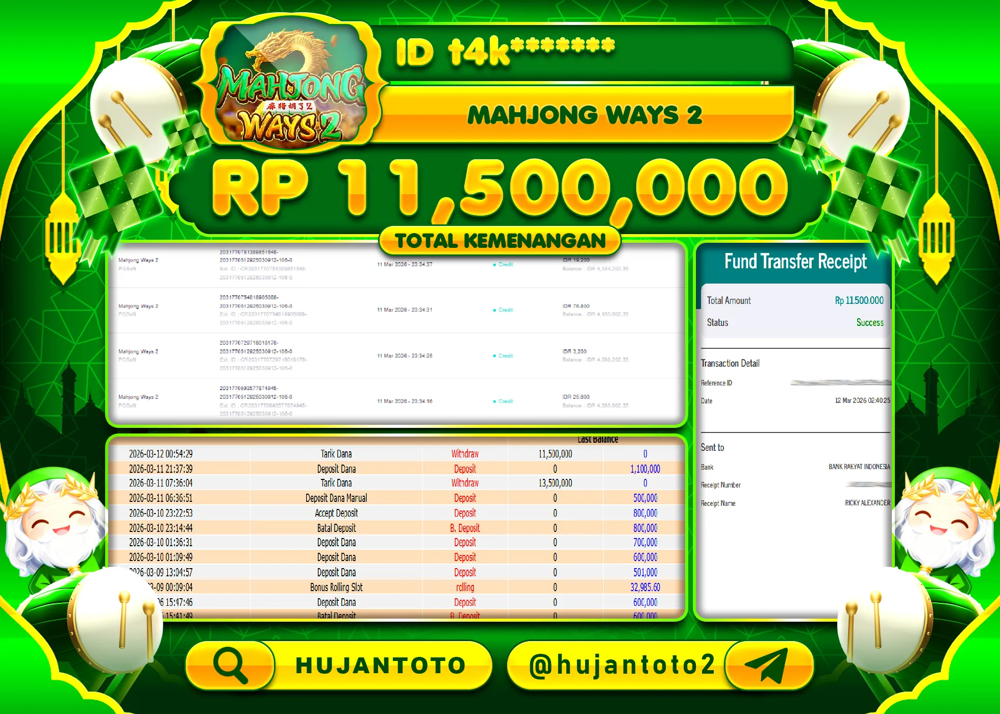 HUJANTOTO - BUKTI JACKPOT MENANG SLOT MAHJONG WAYS 2 Rp.11,500,000 - TERBAYAR LUNAS