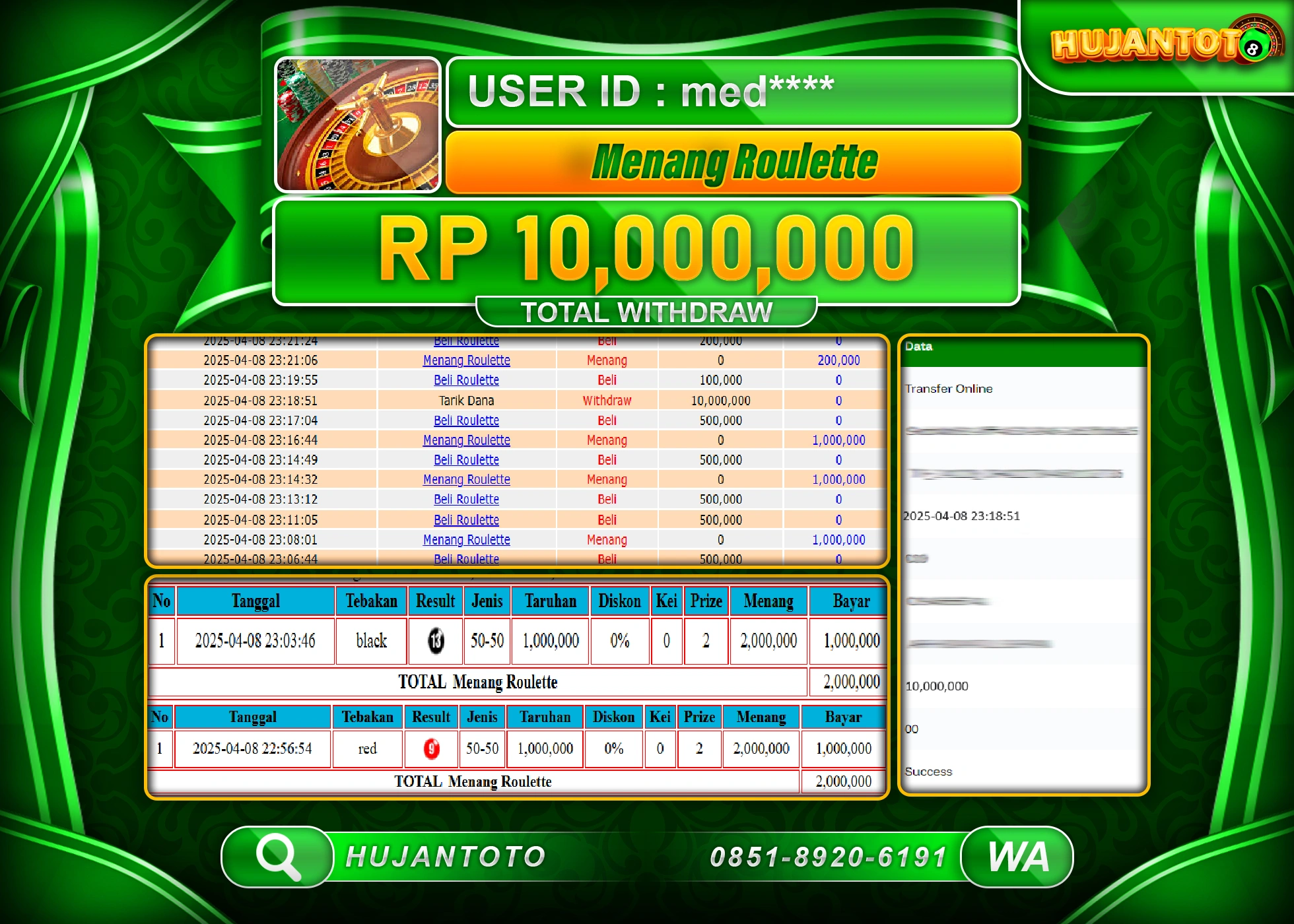HUJANTOTO - BUKTI JACKPOT MENANG LIVE GAMES ROULETTE GAMES Rp,10,000,000 - TERBAYAR LUNAS