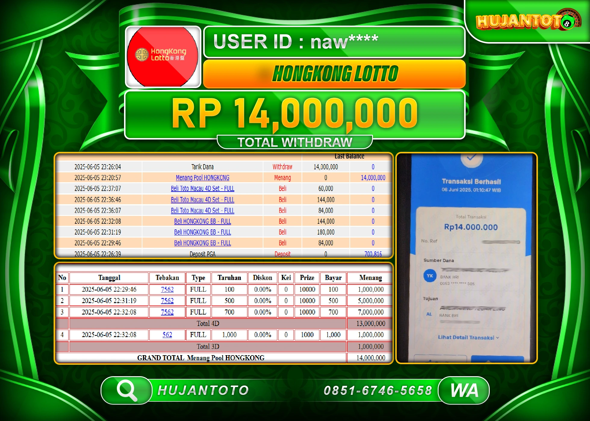 HUJANTOTO - BUKTI JACKPOT MENANG TOGEL HONGKONG LOTTO Rp.14,000,000 - TERBAYAR LUNAS