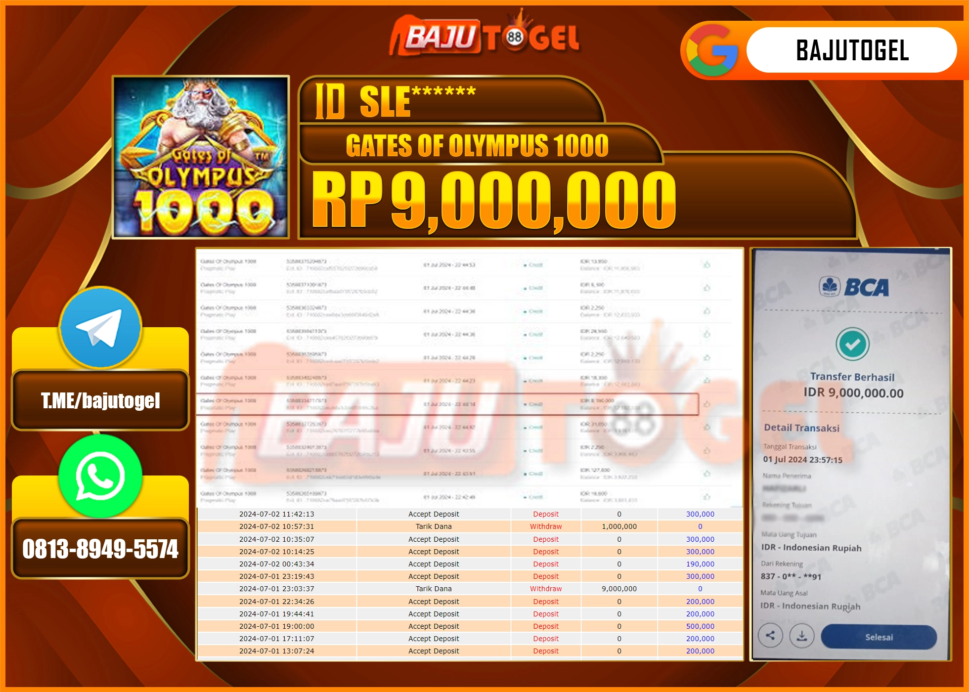 BAJUTOGEL JACKPOT SLOT GATES OF OLYMPUS 1000 Rp.9.000.000 LUNAS