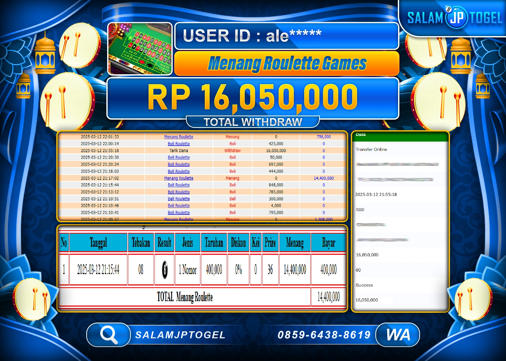 SALAMJPTOGEL MENANG ROULETTE GAMES Rp. 16,050,000 LUNAS